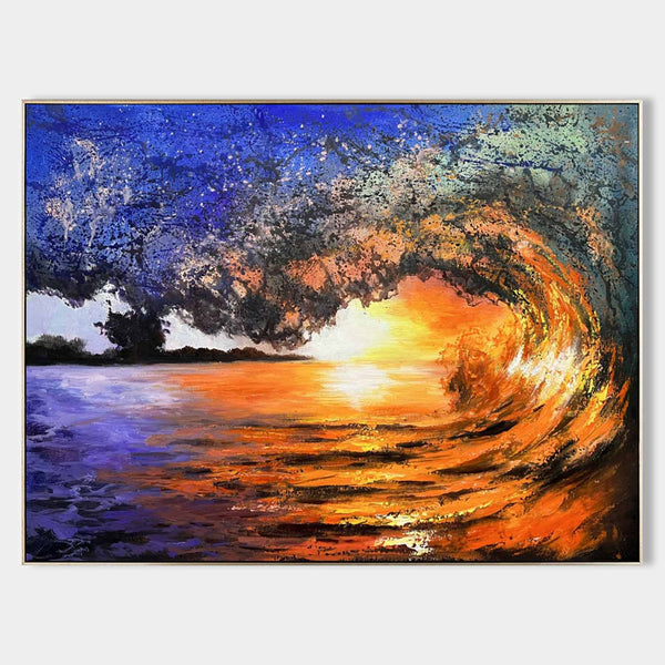 Realistic Oil Painting Of Sunset And Waves Surfing Theme Wall Art Decor Large Surfing Realism Art