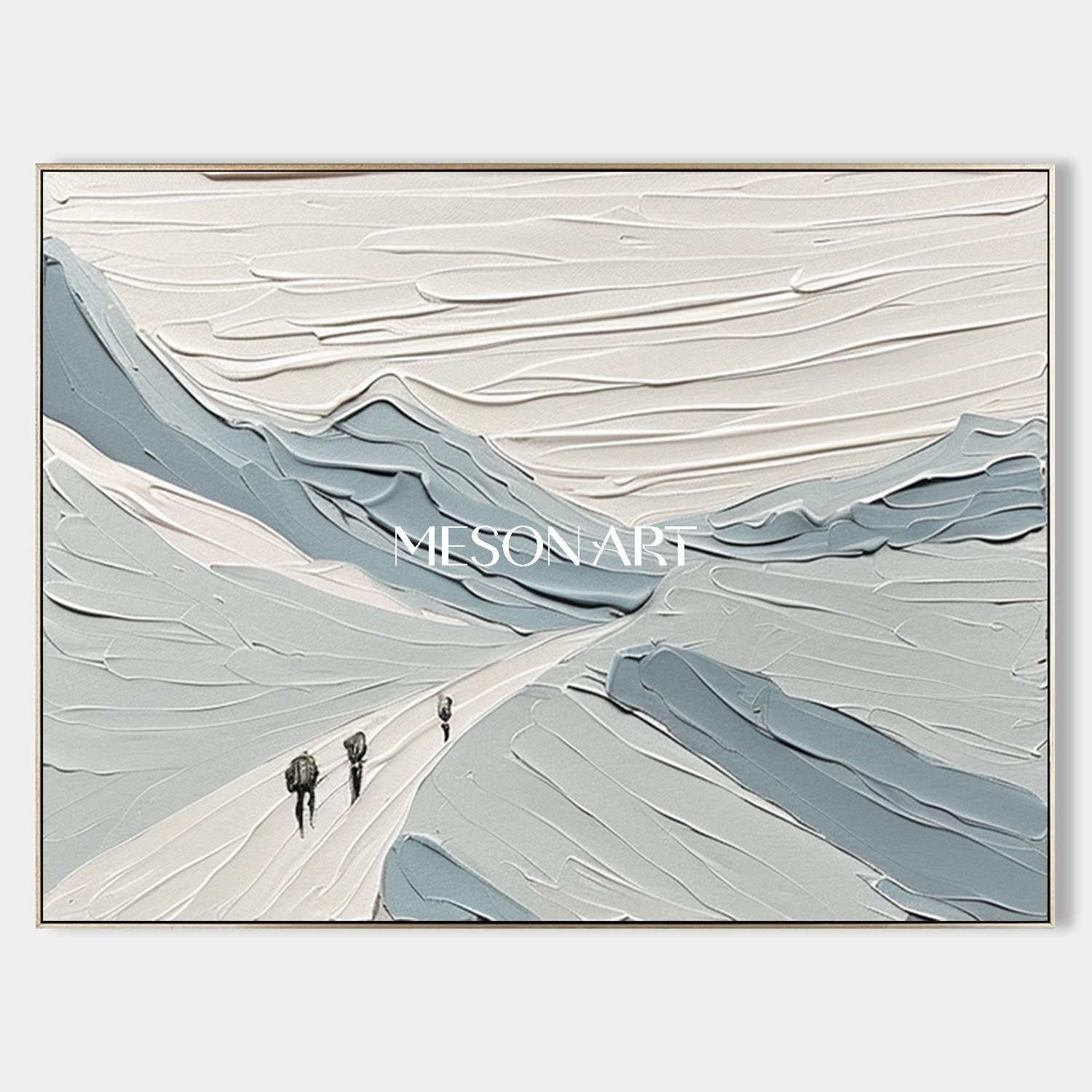 White Blue Impasto Art Abstract Snow Canvas Living Room Wall Decor