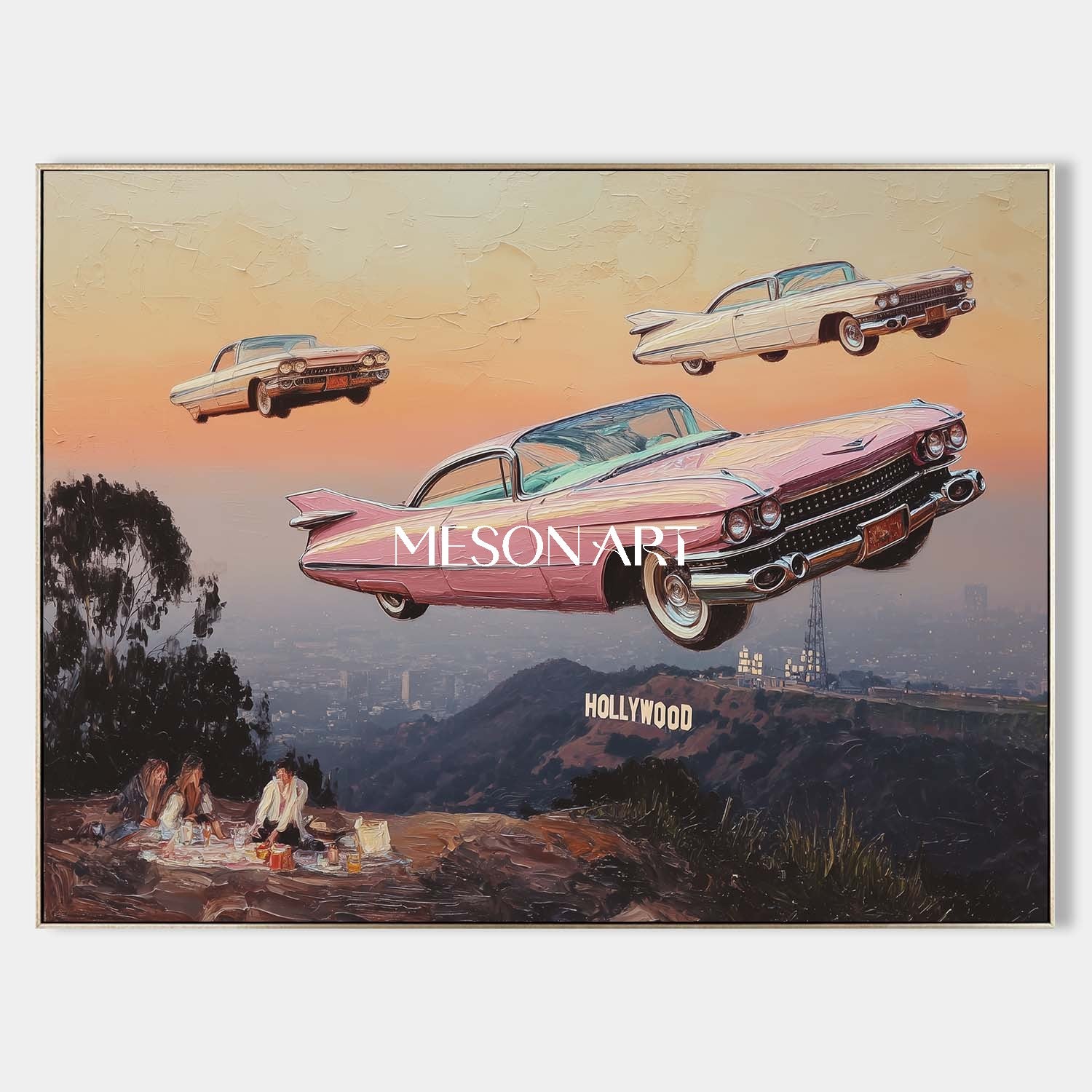 Surreal Sunset Surreal Art Flying Vintage Cars Hollywood Hills Canvas