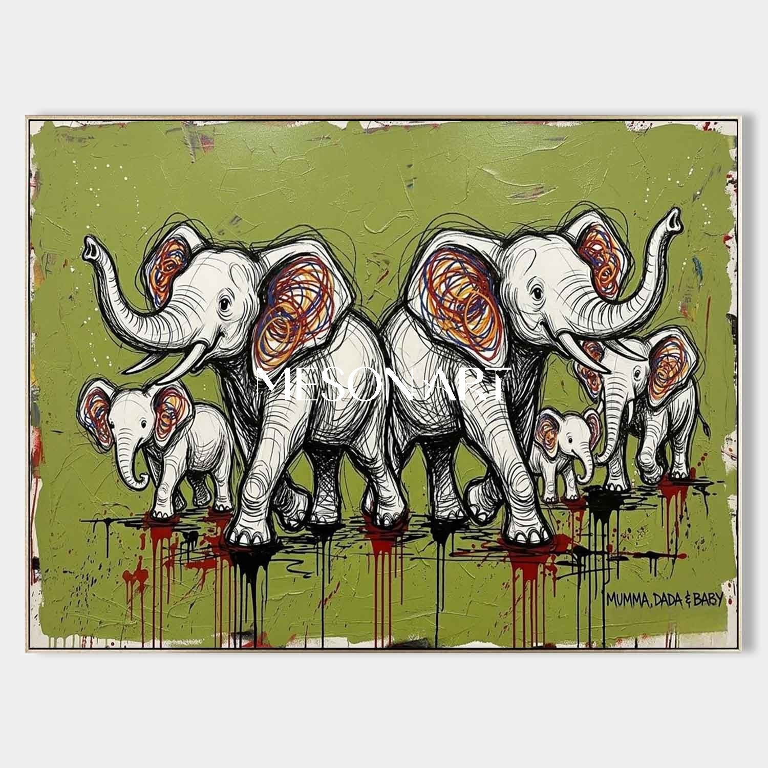 Large Elephant Art Canvas Olive Green Background Contemporary Animal Art