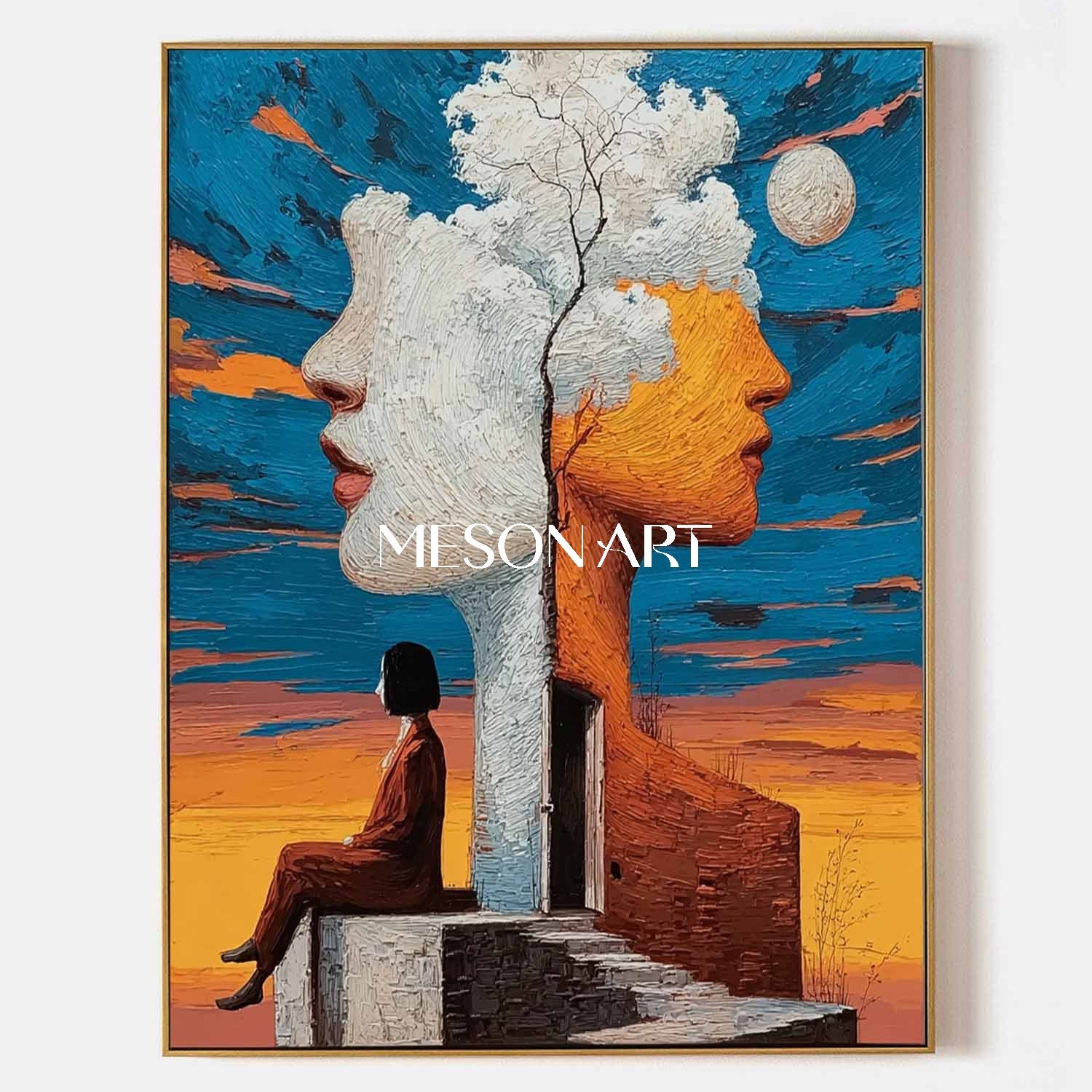 Surreal Man on Stairs Artwork Surreal Staircase Wall Art Emotional Surreal Canvas Printing