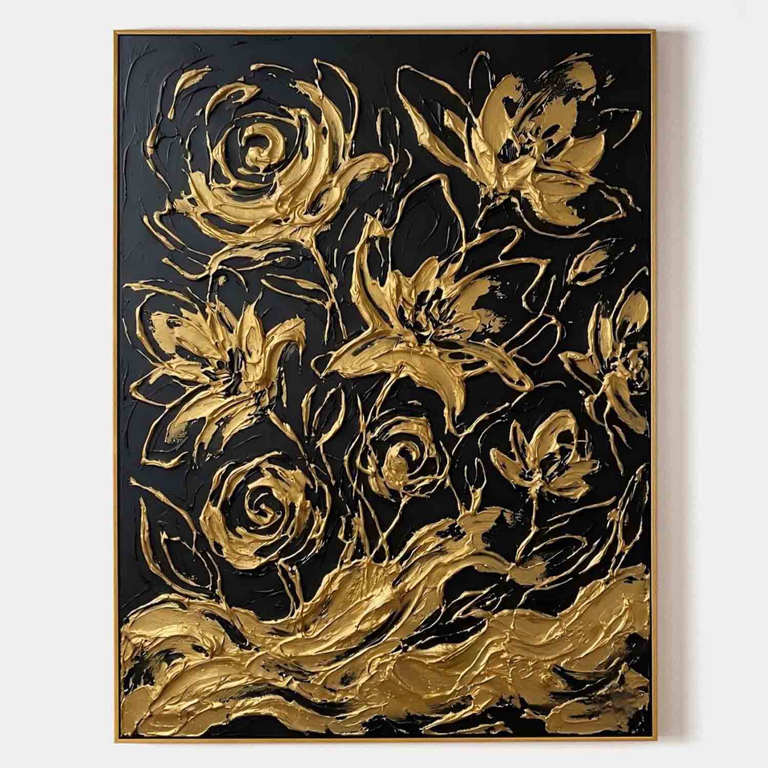 Vertical Black And Gold Abstract Floral Art | 3D Abstract Floral Decor