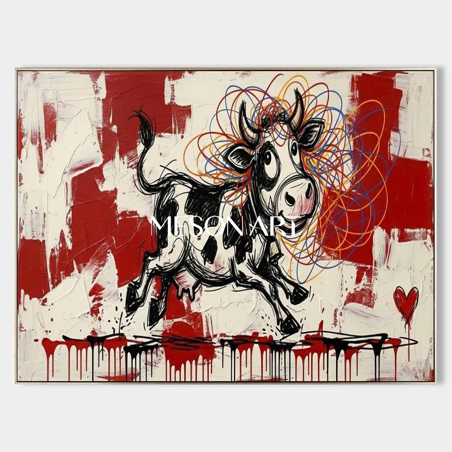 Contemporary Street Art Cartoon Cow Colorful Yarn Ball Living Room Painting