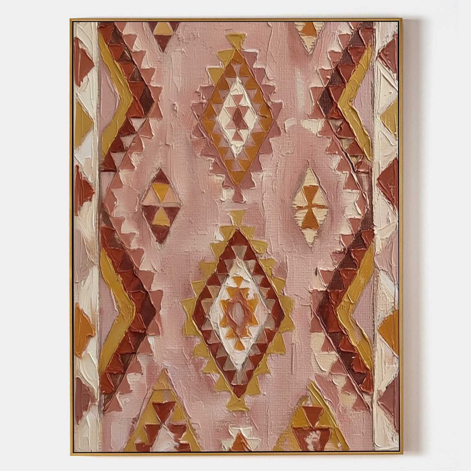 Handmade Boho Geometric Oil Painting, 3D Textured Pink And Mustard Tribal Pattern Canvas