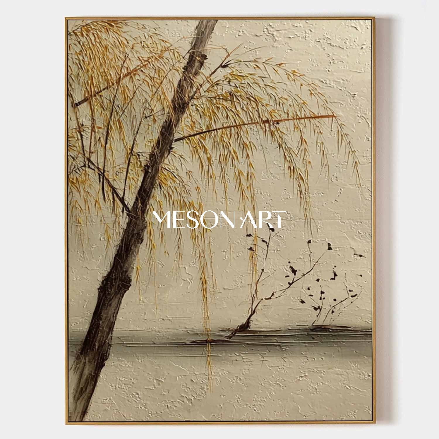 Modern Zen-Inspired Nature Painting – Willow Scene on Textured Canvas | Mesonart