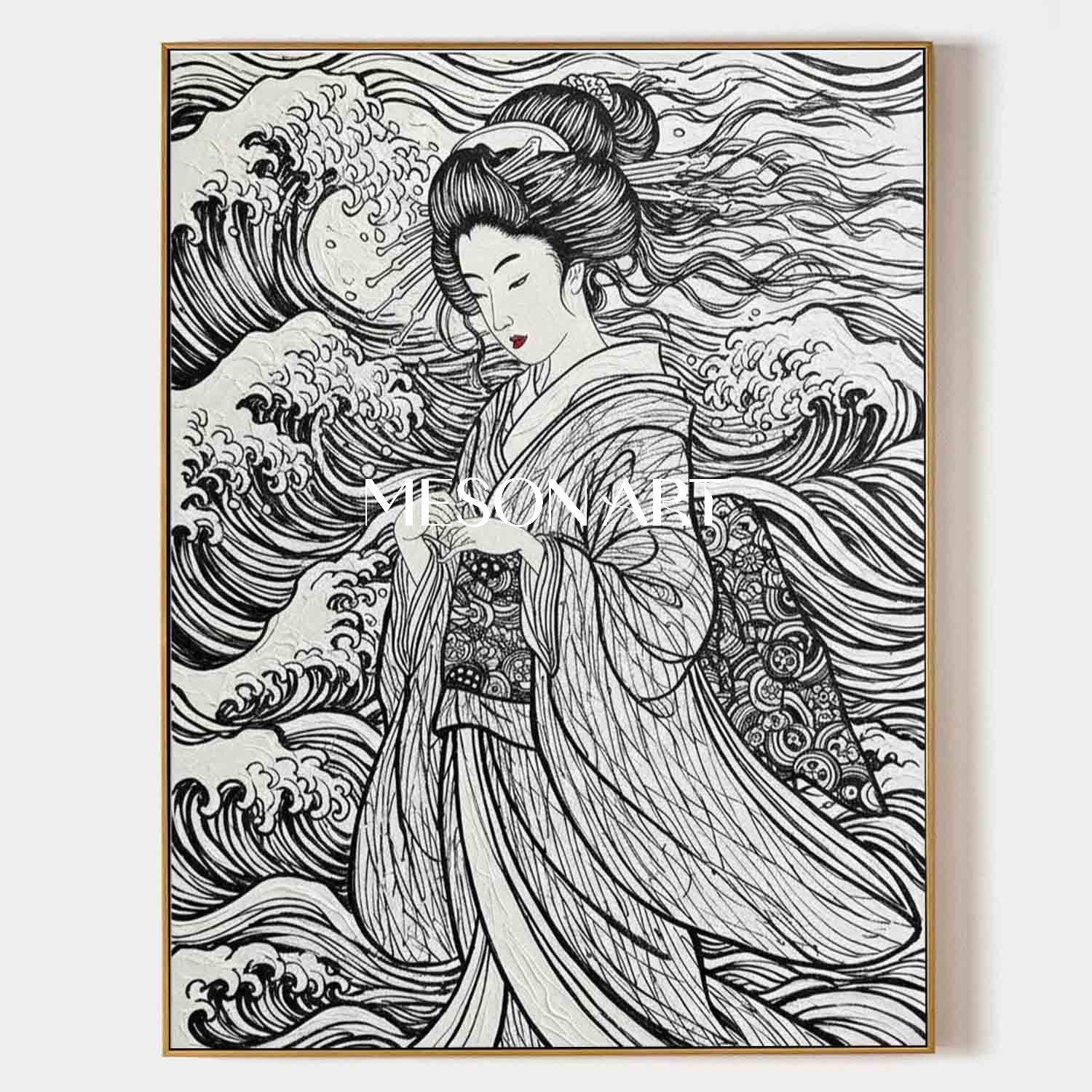 Textured Geisha & Wave Canvas Art | Gold Framed 3D Plaster Painting