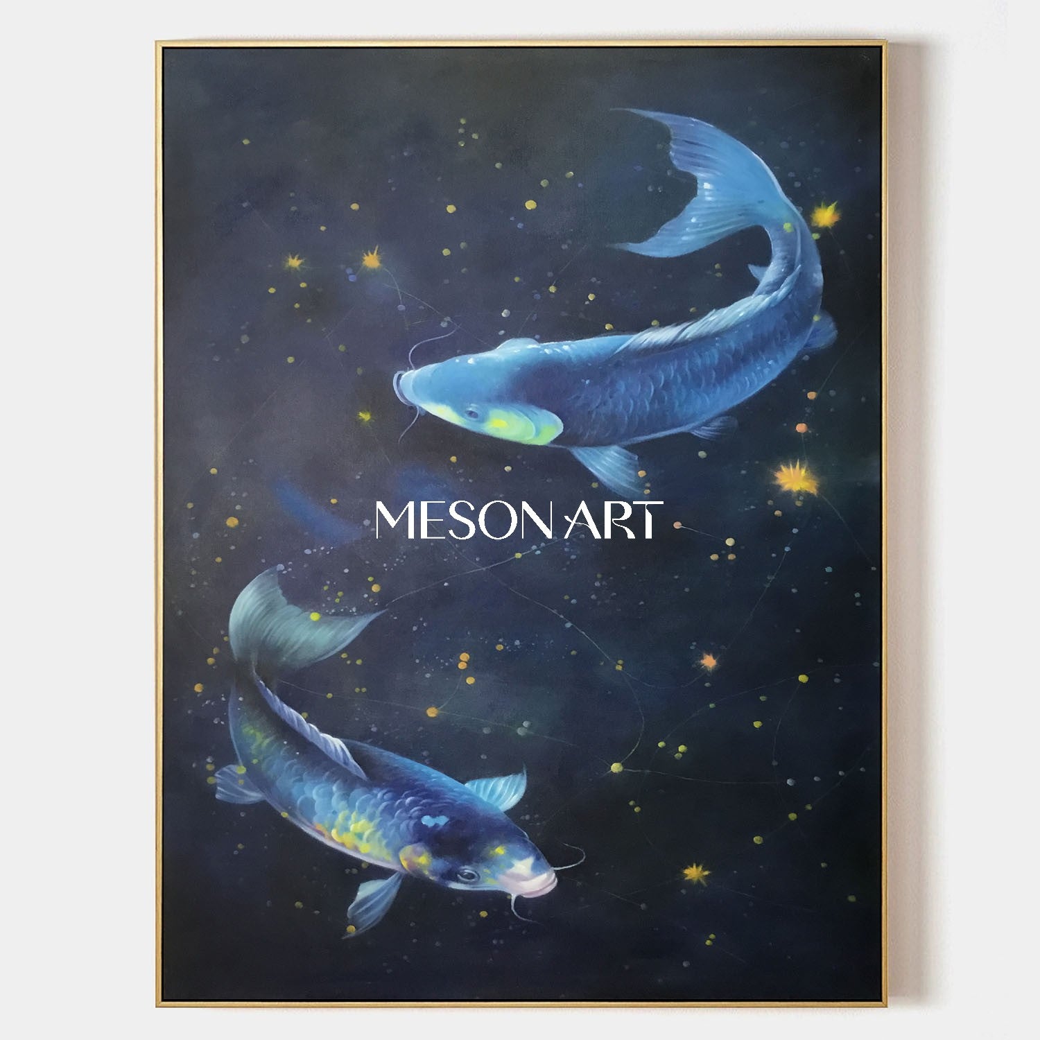 豪華な手描きの青い鯉魚壁アート風水キャンバス絵画 – MesonArt