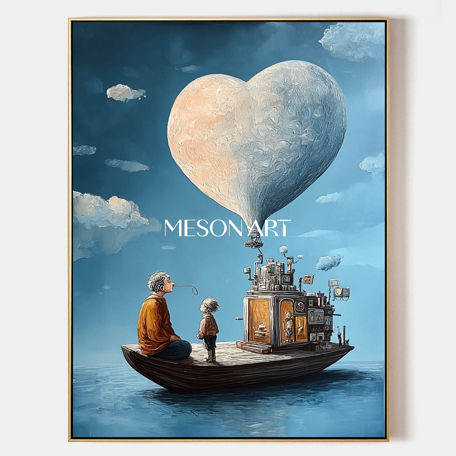 Blue Surreal Art Heart Balloon Boat Painting Large Living Room Canvas
