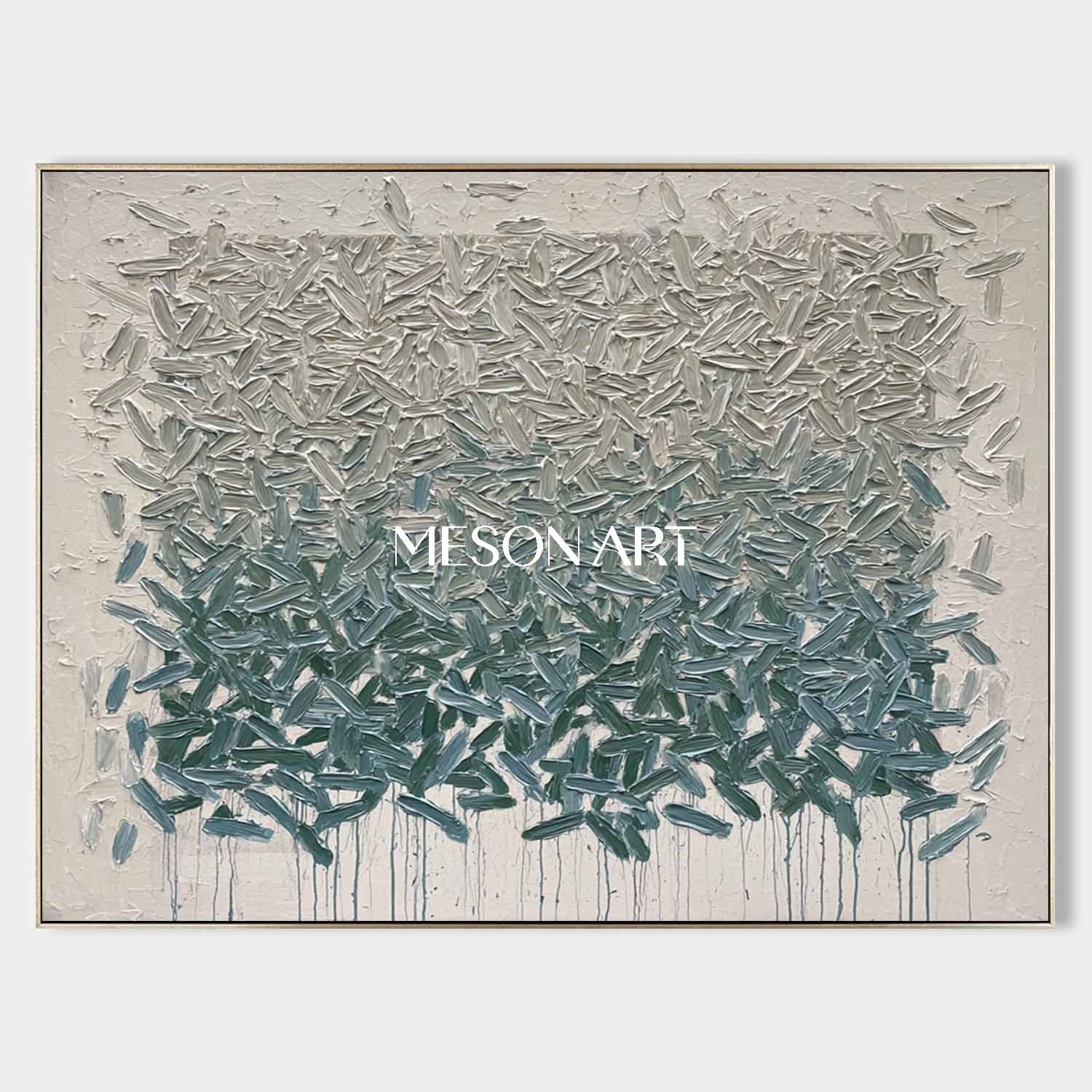 Horizontal Abstract Canvas Painting Grey Blue-Green Textured Wall Art
