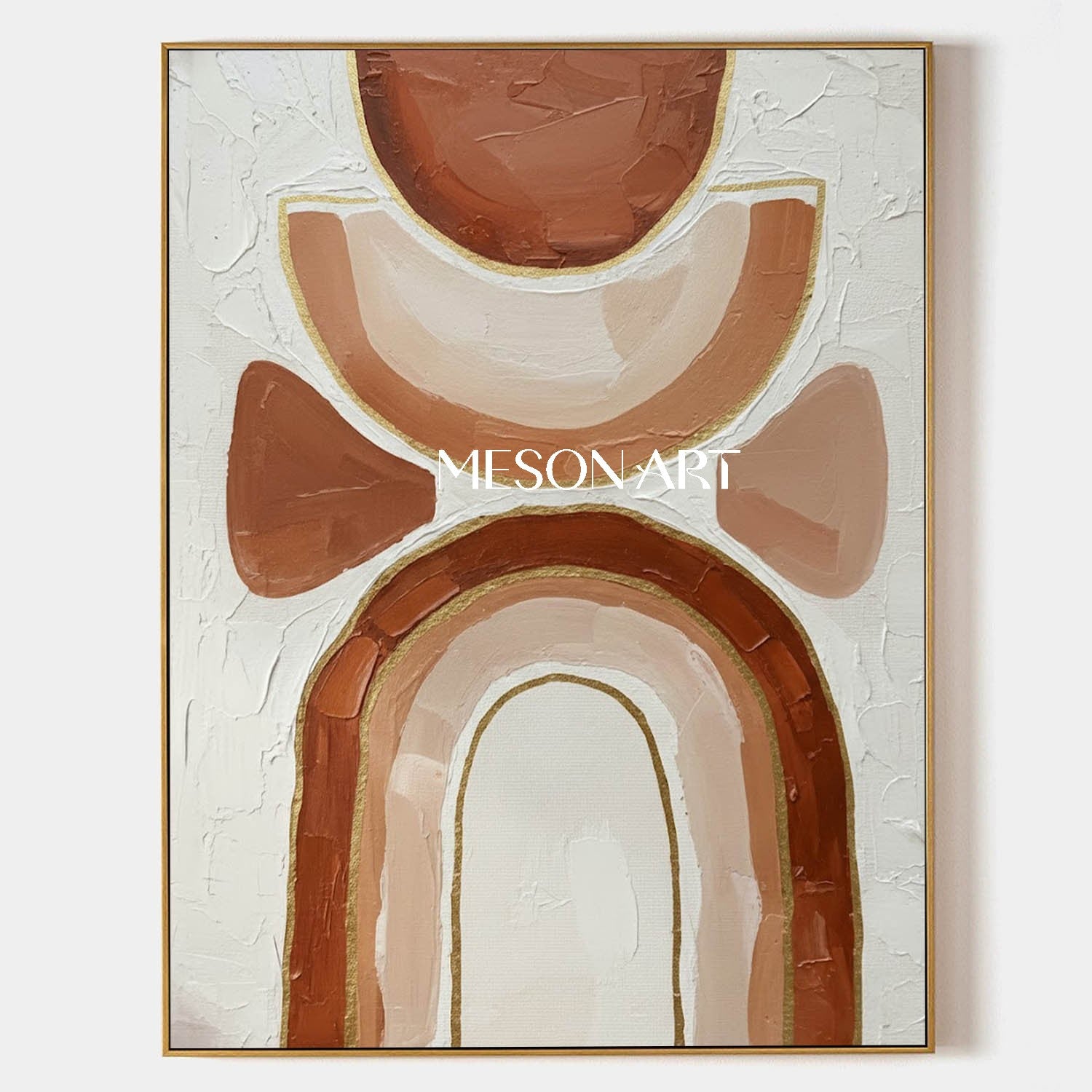 Terracotta & Blush Geometric Arch Art | Boho Rainbow Canvas with Gold Lines