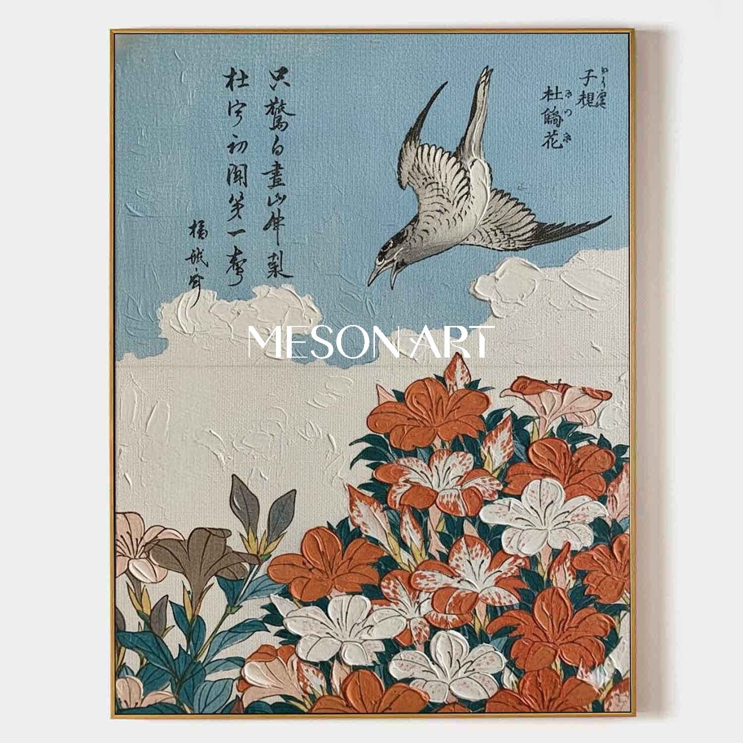Japandi Wall Art, Textured Canvas Art, 3D Plaster Painting, Chinoiserie Decor, Bird Wall Art