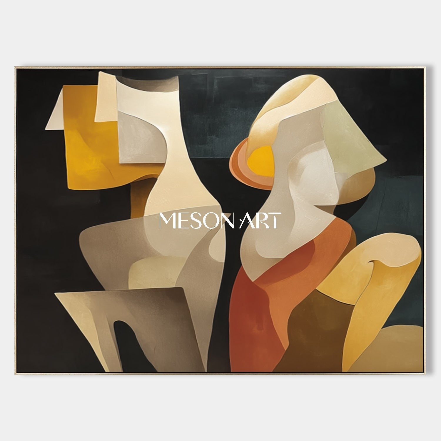 Large Black Canvas Minimalist Painting Horizontal Cubist Figure Art