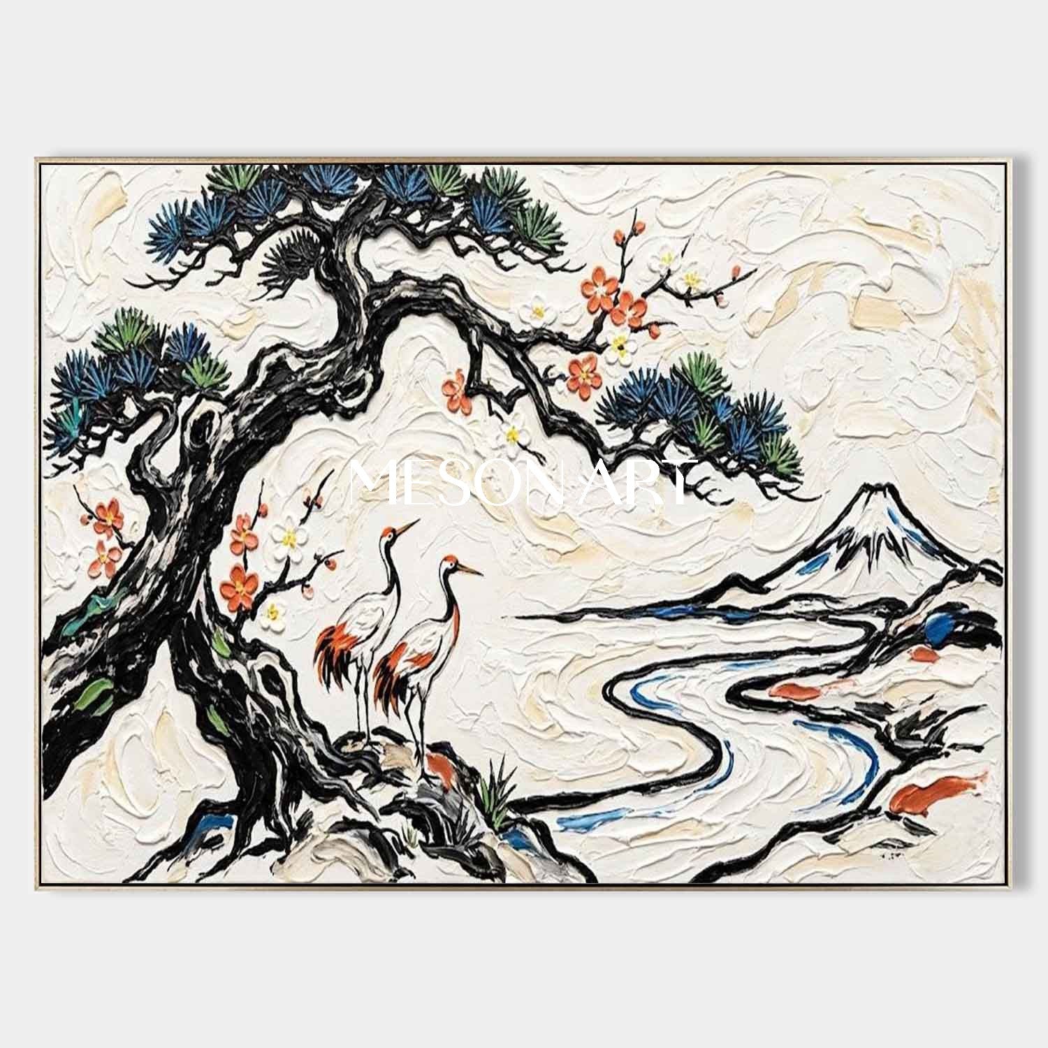 MesonArt 3D Textured Oil Painting | Pine Tree & Cranes Japanese Wall Art