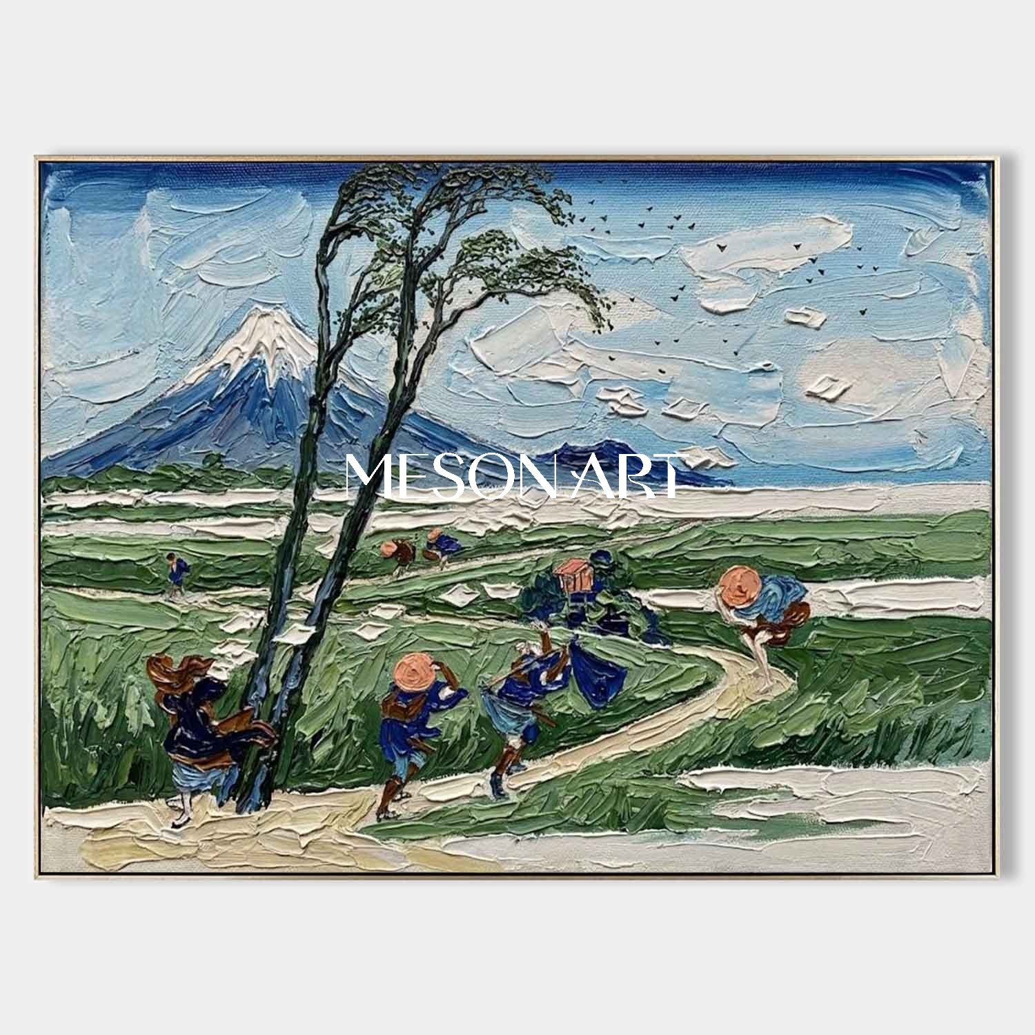 Textured Hokusai Mount Fuji Art - 3D Impasto Windy Landscape Oil
