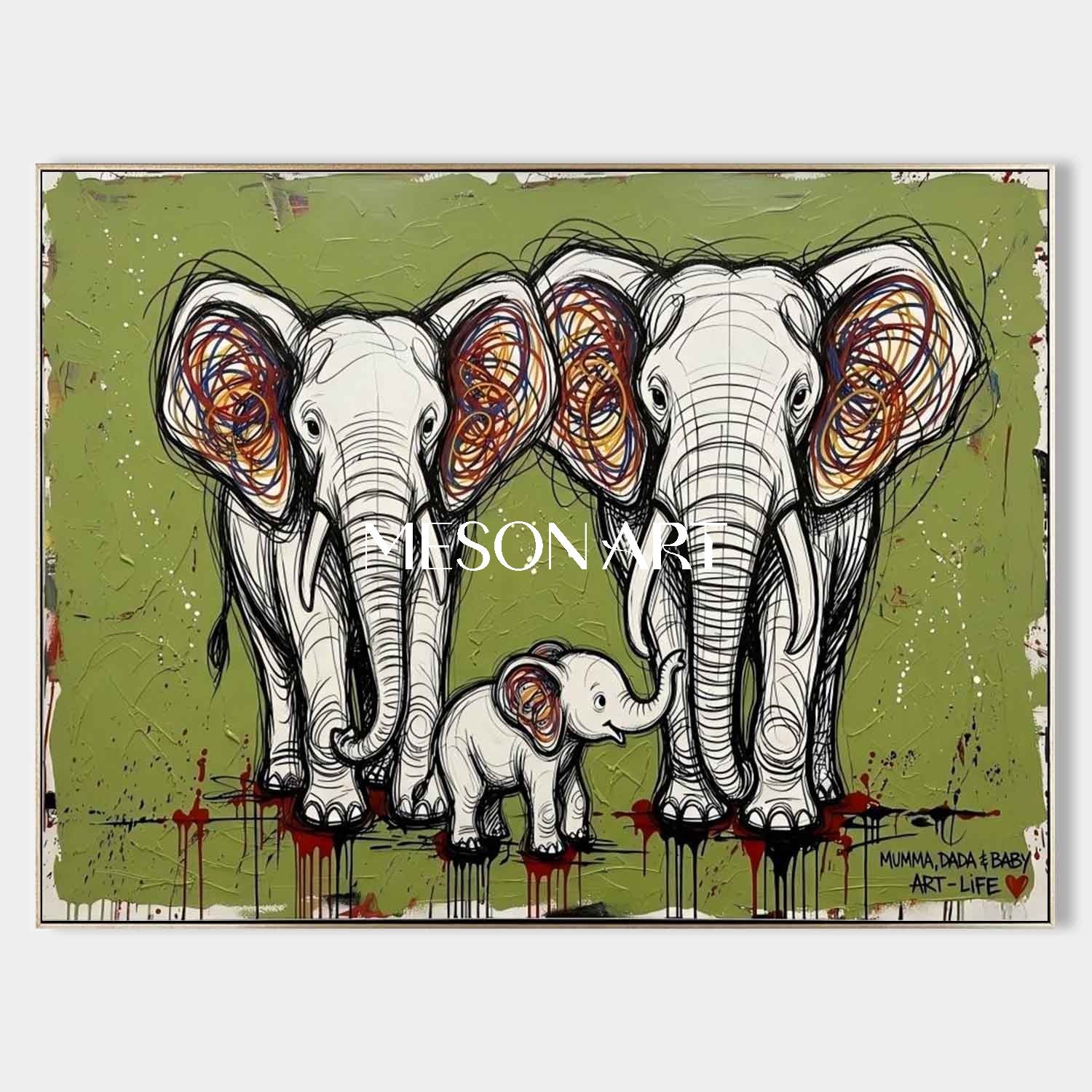 Textured Elephant Family Canvas Wall Art, 3D Pop Street Art For Living Room & Nursery Decor - MesonArt