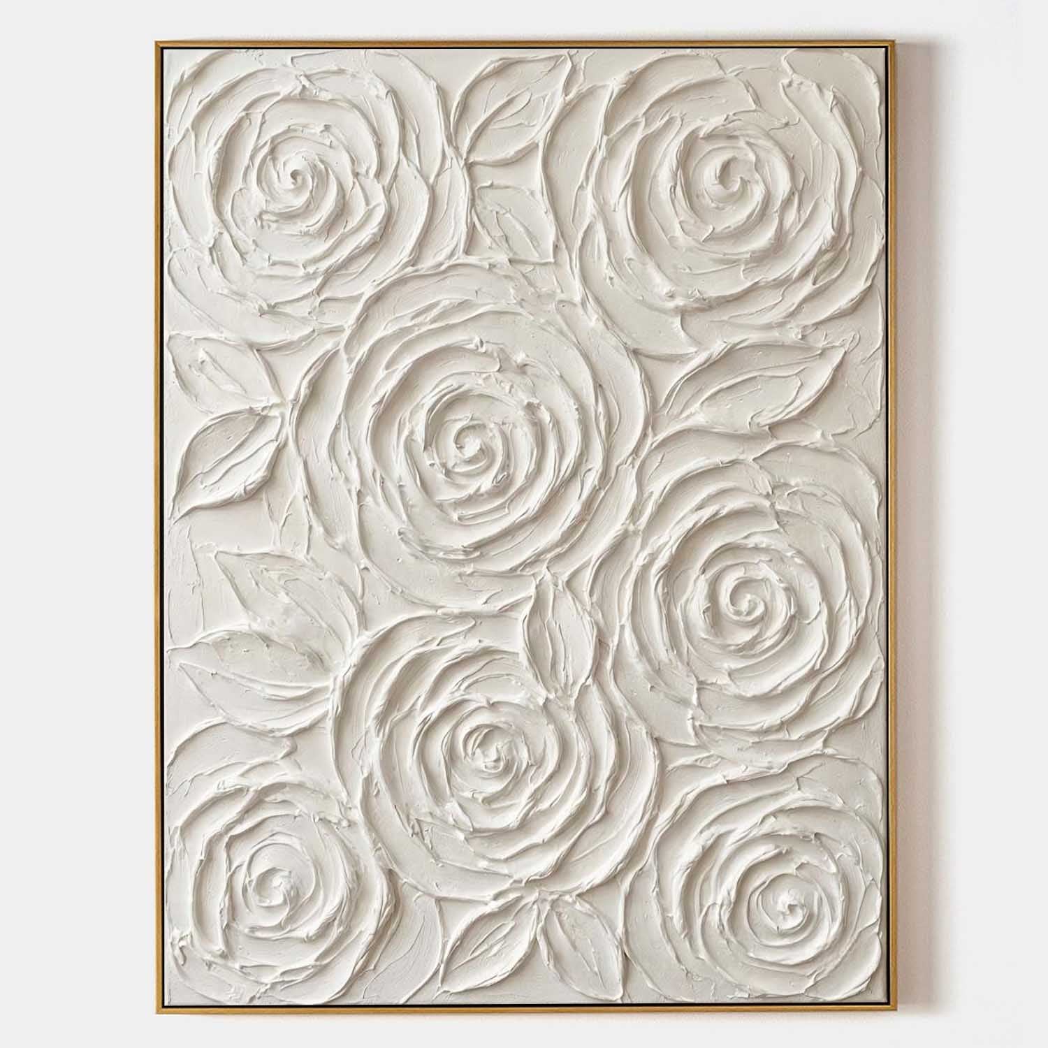 Vertical Gold Framed 3D White Rose Paintings Abstract Textured Wall Decor