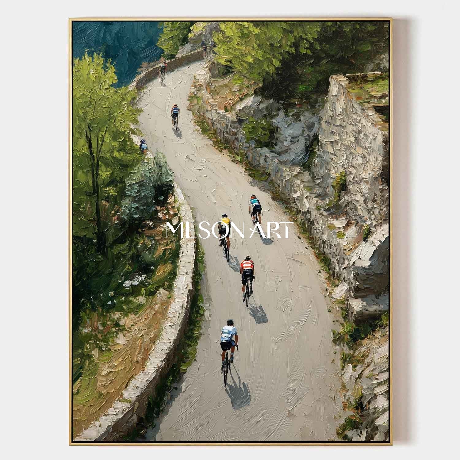 Spring Impasto Green Mountain Cycling Painting Textured Canvas Wall Art
