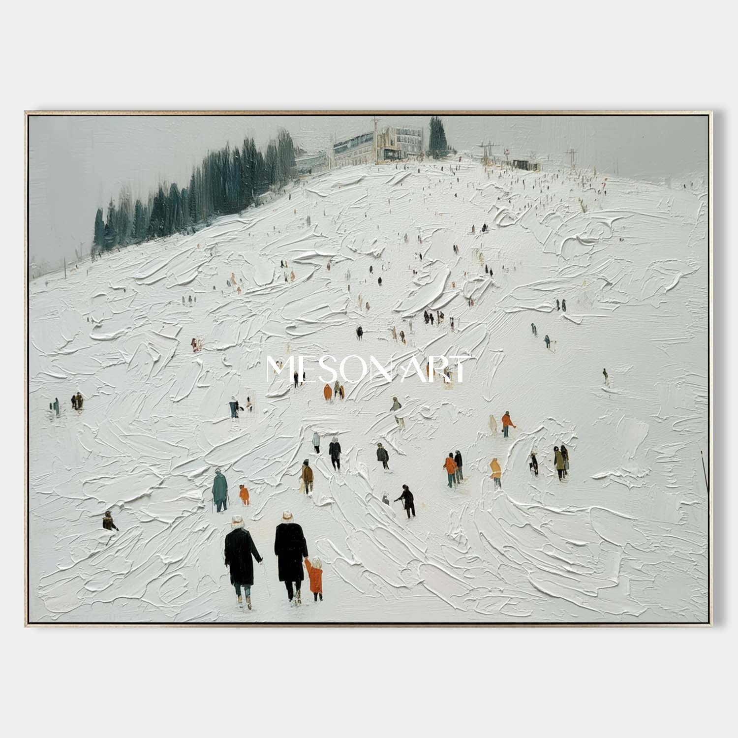 White Grey Impasto Snowscape Ski Resort Abstract Textured Painting