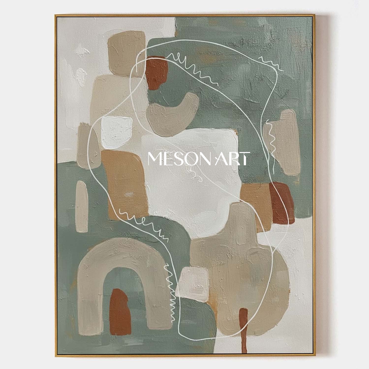 3D Sage Green Abstract Art Organic Boho Canvas with White Sketch Lines