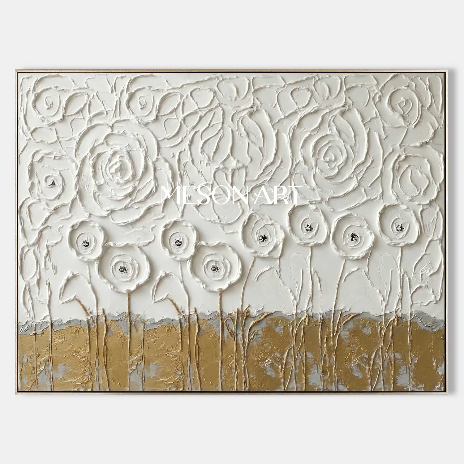 3D Gold and White Floral Textured Painting on Plaster Canvas Art