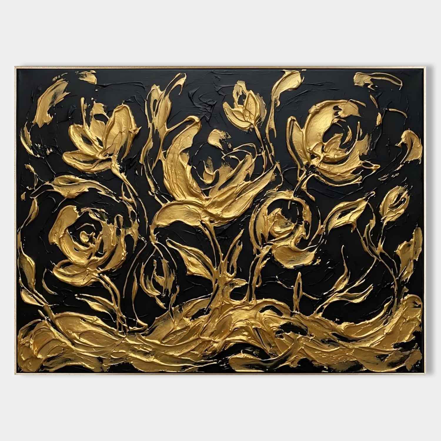 Horizontal Black And Gold Abstract Sketch Art | 3D Floral Line Decor