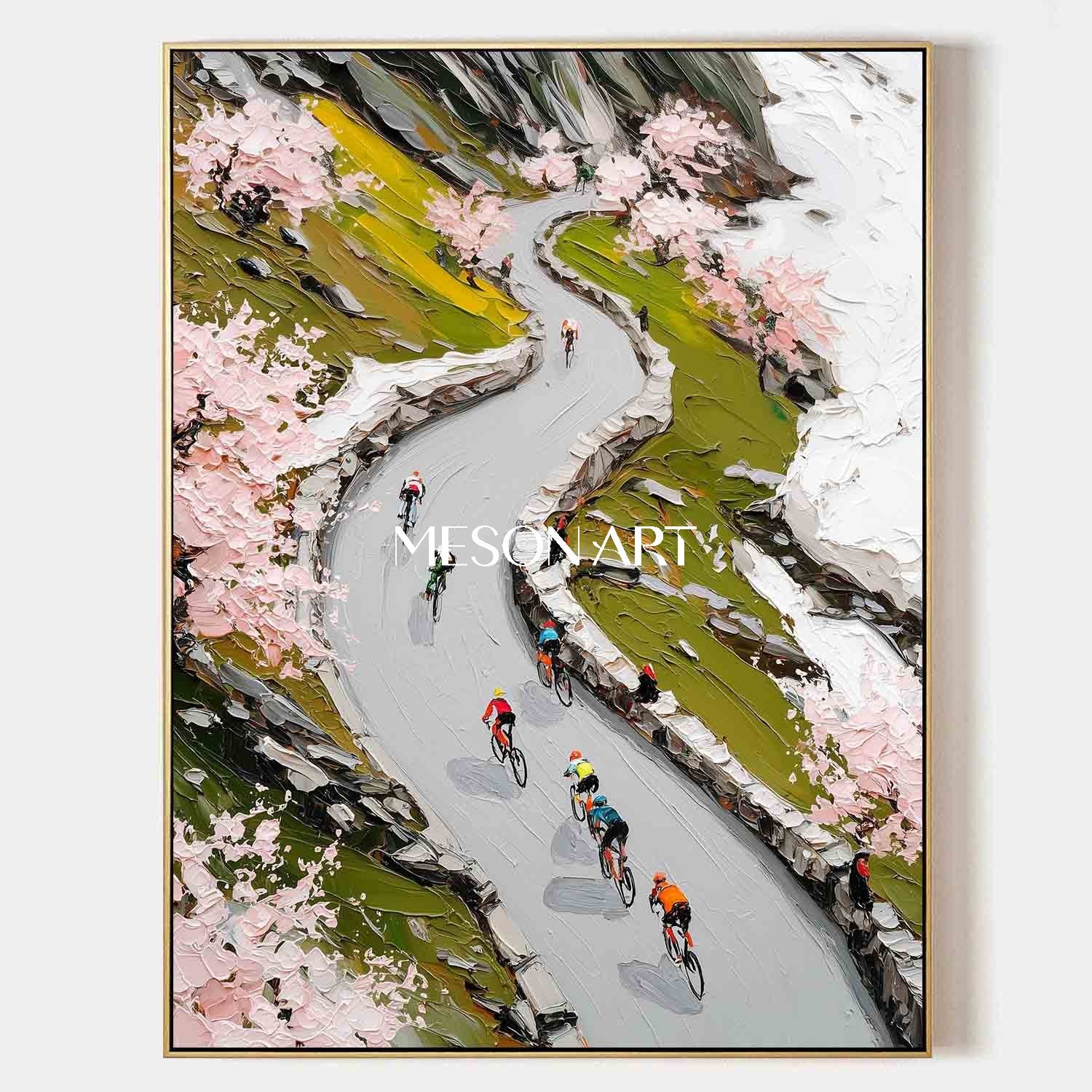 Handmade Impasto Painting Spring Mountain Cycling Canvas Art Entryway
