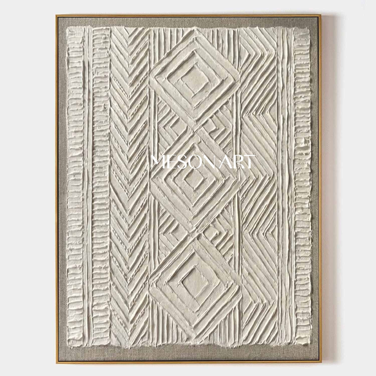 Vertical White Tribal Geometric Art Framed Boho 3D Texture Modern Boho Decor For Entryway & Hallway