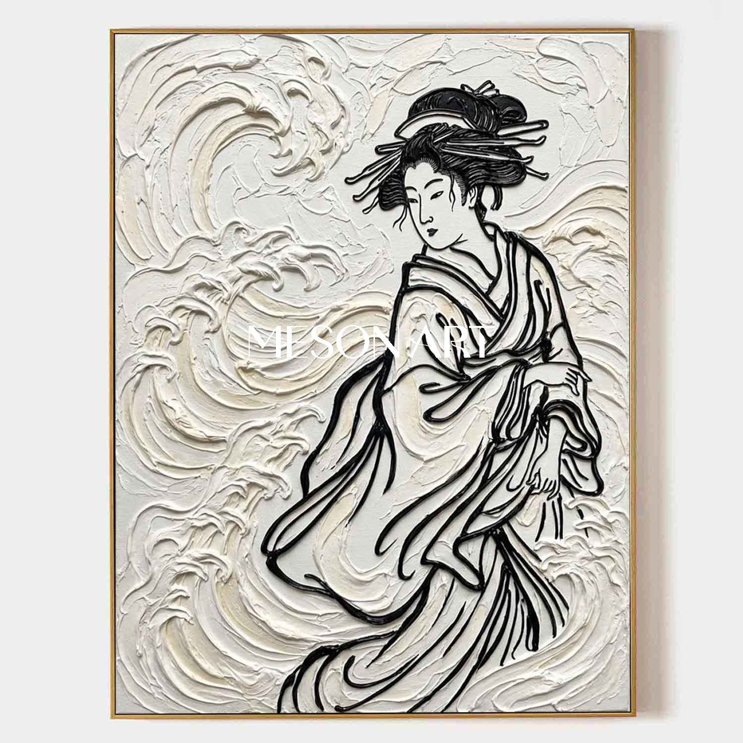 MESON ART Square 3D Textured Canvas Painting, Japanese Style Woman With Flowing Hair And Waves