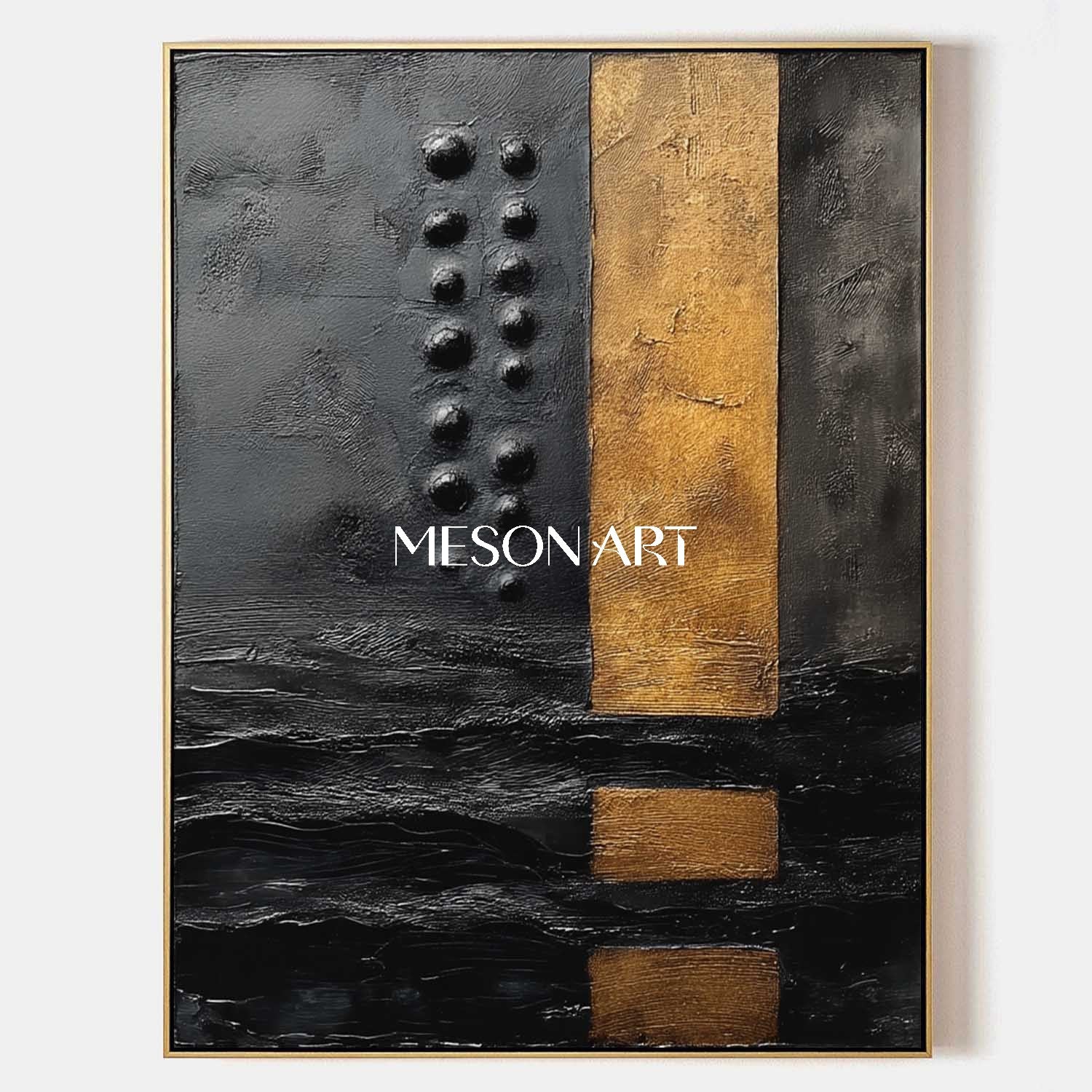 Large Black and Gold Abstract Textured Oil Painting for Living Room