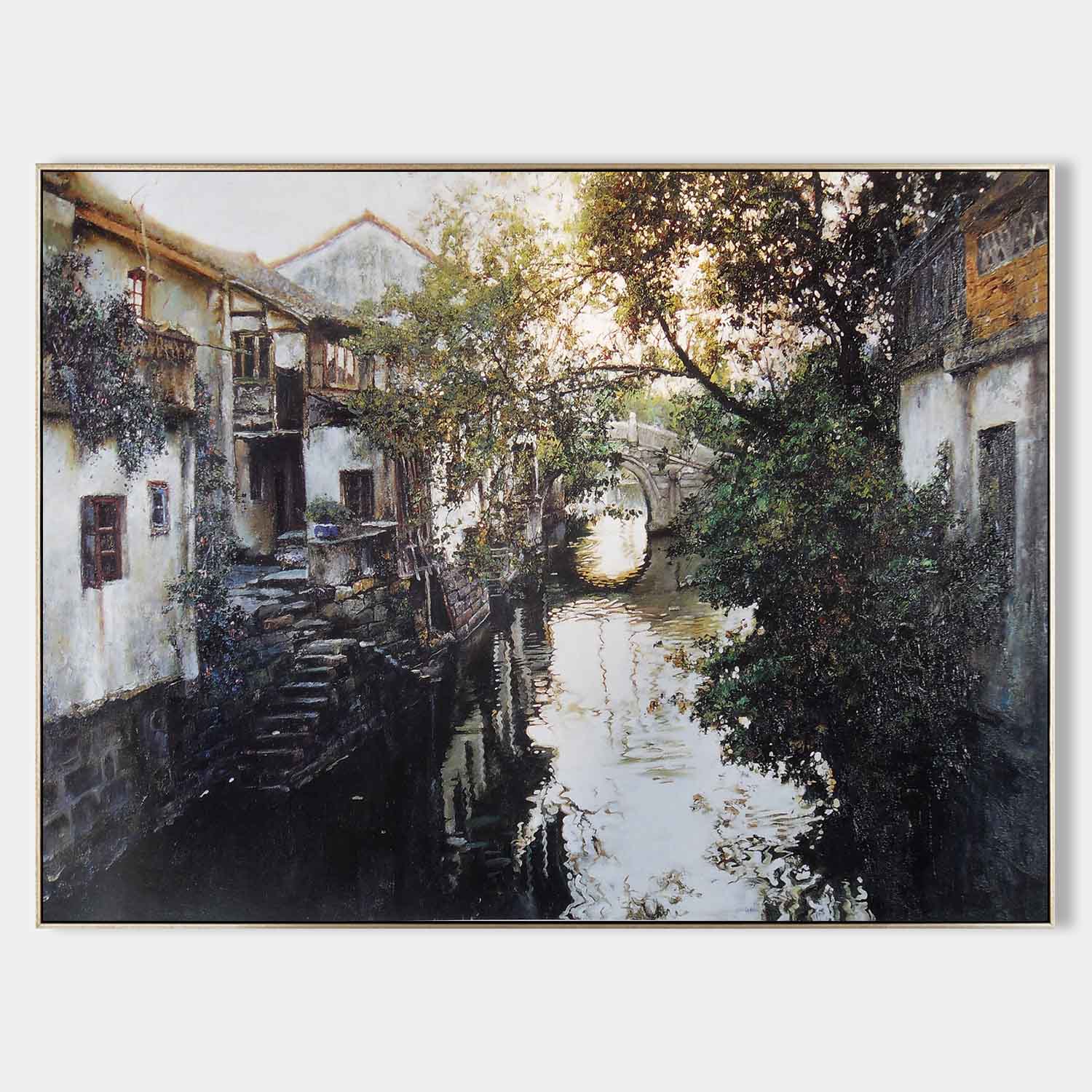 Ancient Water Town Oil Paintings Ancient Water Town Canvas Wall Art Hyper-Realistic Water Town Art For Sale