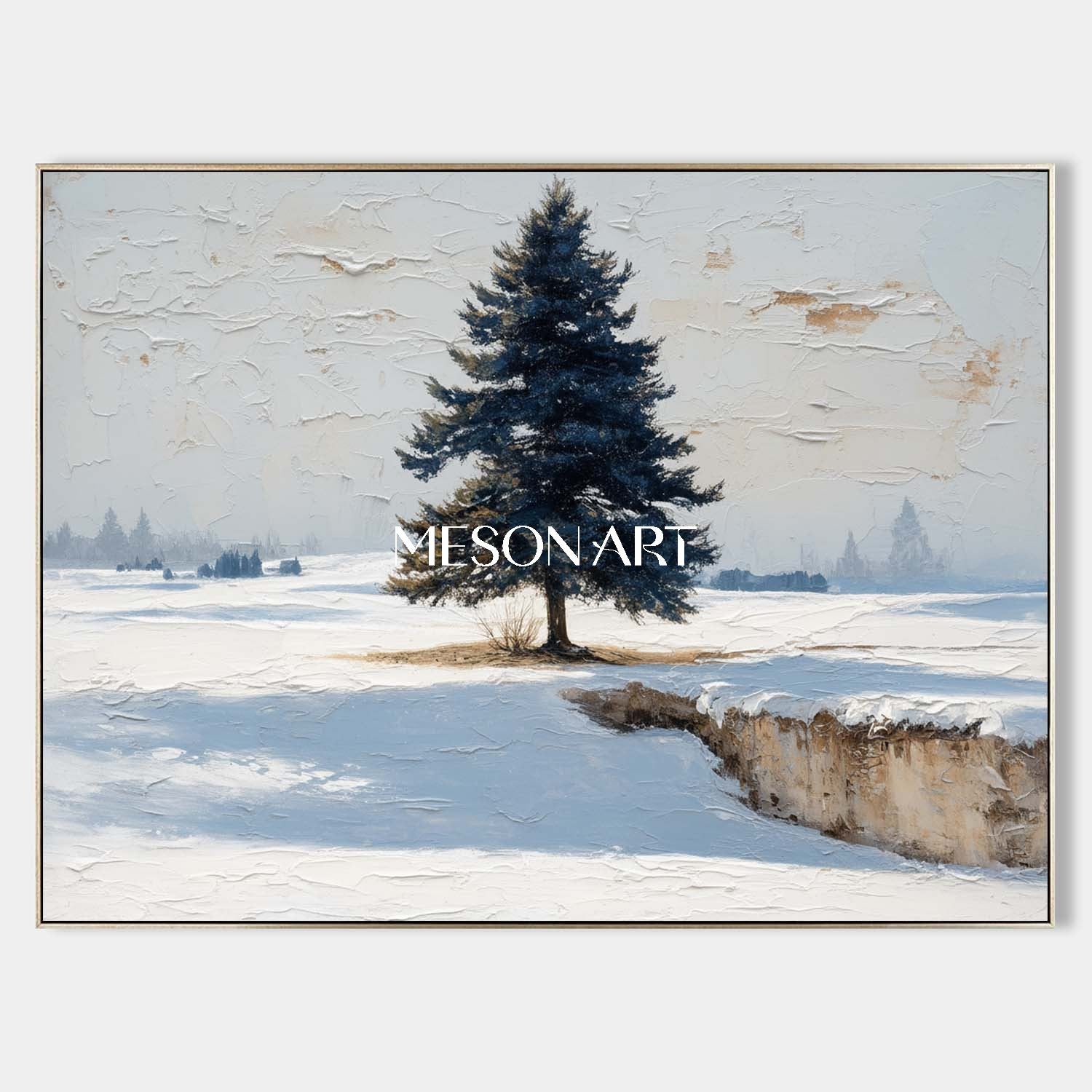 White Blue Impasto Painting Lonely Christmas Tree Winter Wall Art