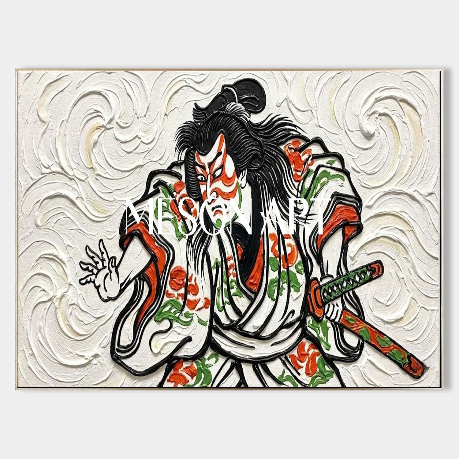 Handmade 3D Textured Kabuki Warrior Oil Painting On Canvas, Heavy Impasto Plaster Japanese Samurai Wall Art For Living Room