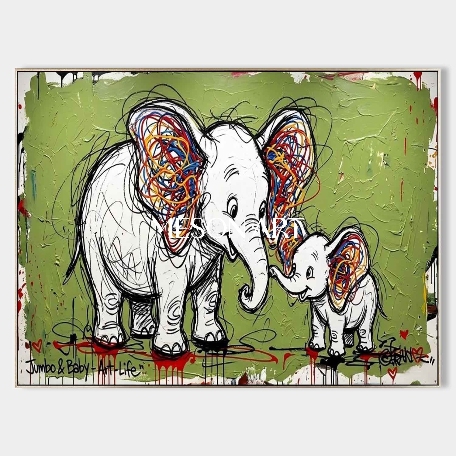 Avocado Green Elephant Canvas Art Abstract Elephant Graffiti Painting for Sale