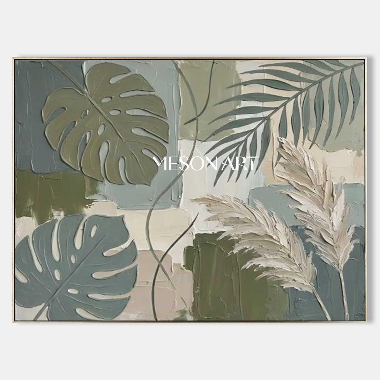 Sage Green Textured Botanical Art 3D Boho Monstera & Palm Canvas Painting