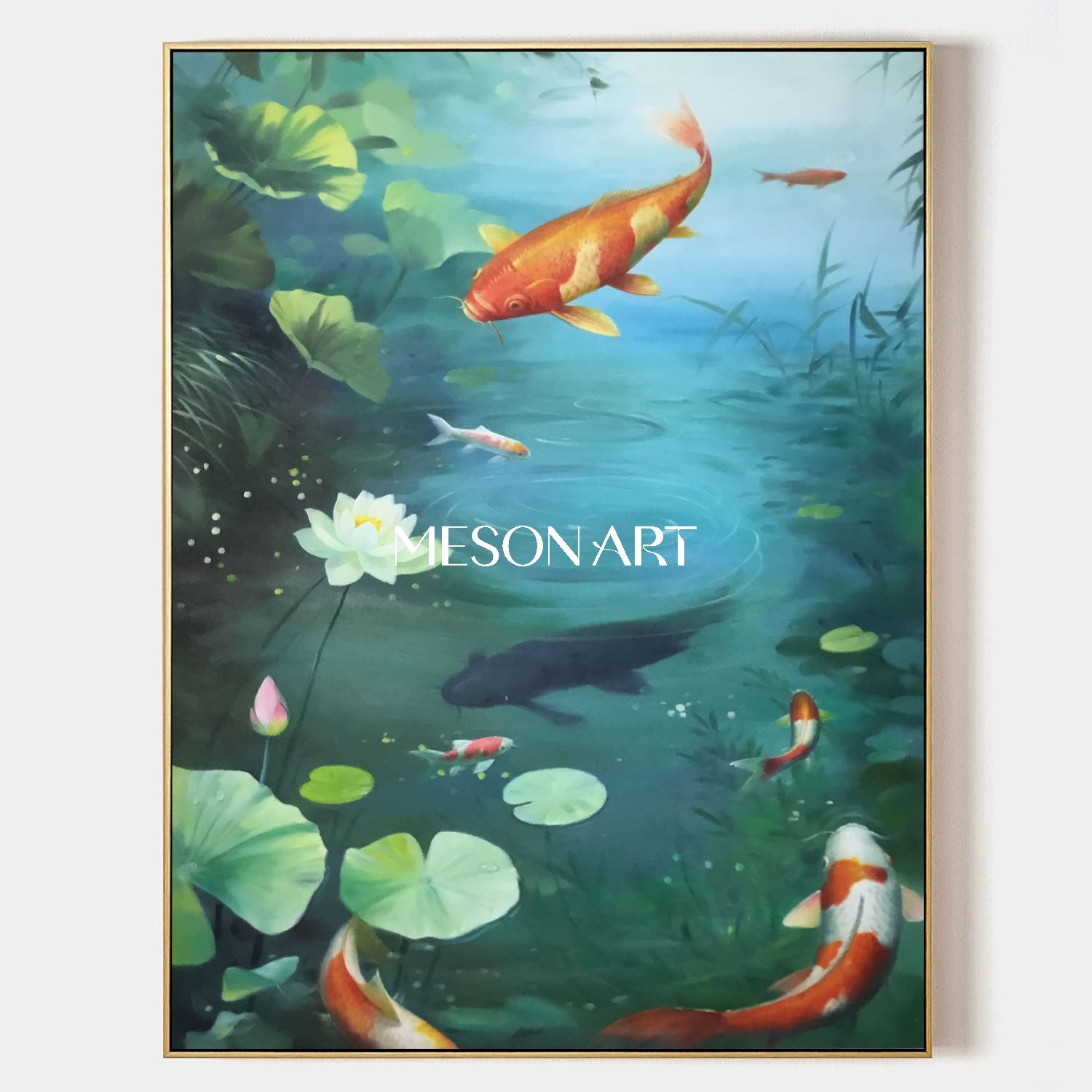 Tranquil Oil Painting Blue Pond Koi Fish Zen Interiors Wall Art Decor