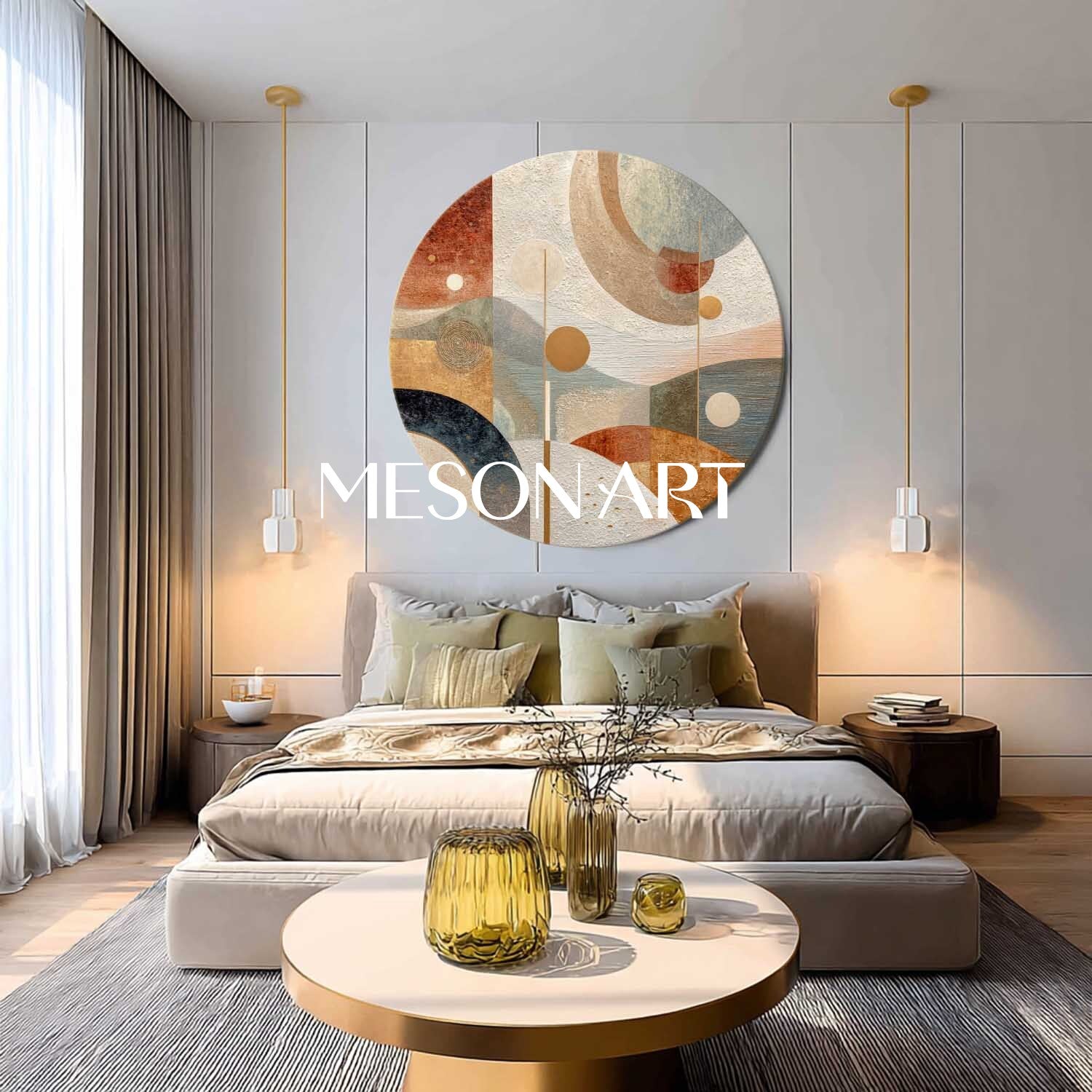 Beige, Blue & Terracotta Abstract Round Canvas – Modern Wall Art