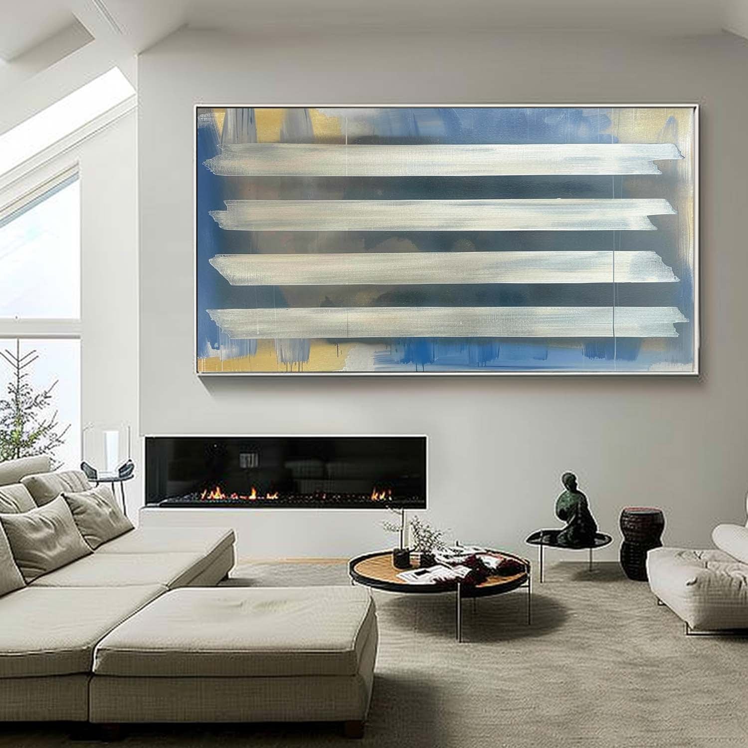 Large Silver and Blue Abstract Art Modern Silver and Blue Abstract Canvas Wall Decor Hanging Painting