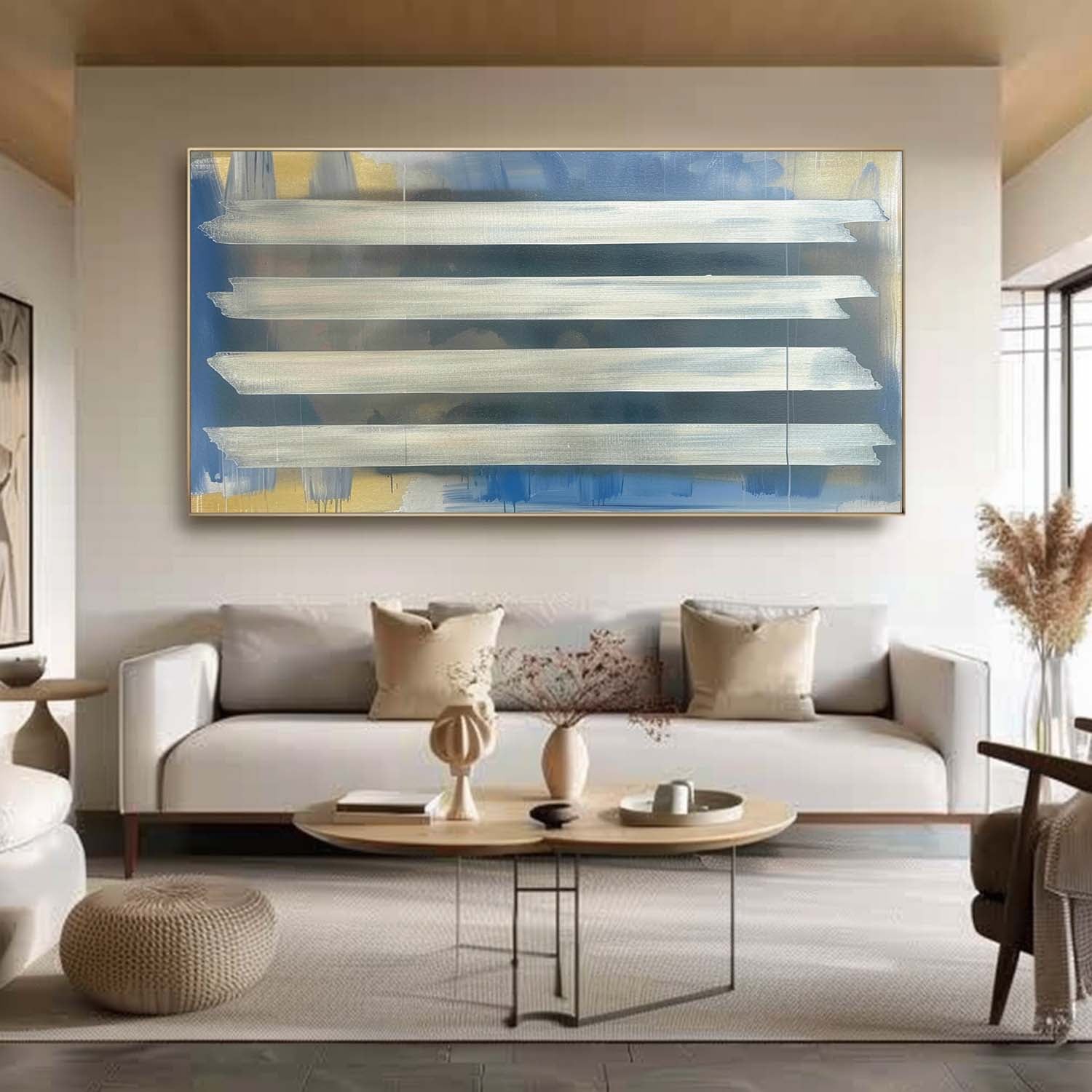 Large Silver and Blue Abstract Art Modern Silver and Blue Abstract Canvas Wall Decor Hanging Painting