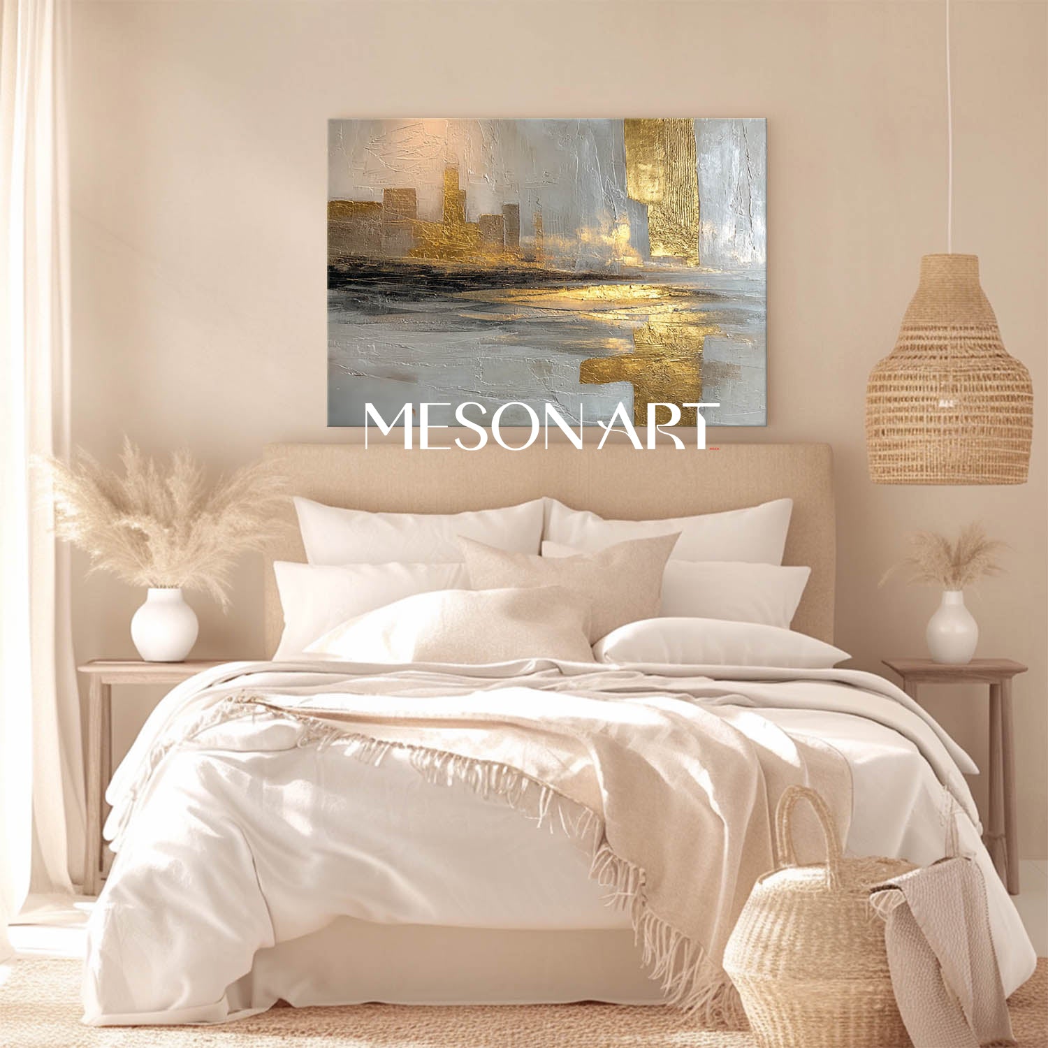 Textured Surreal City Skyline Painting Contemporary Gold-Accented Canvas Art