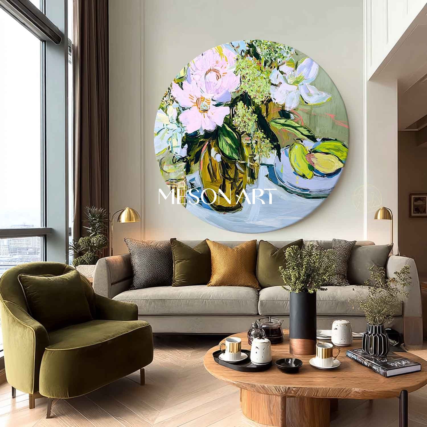 Round Floral Still Life Oil Painting – Vase and Fruit in Impasto