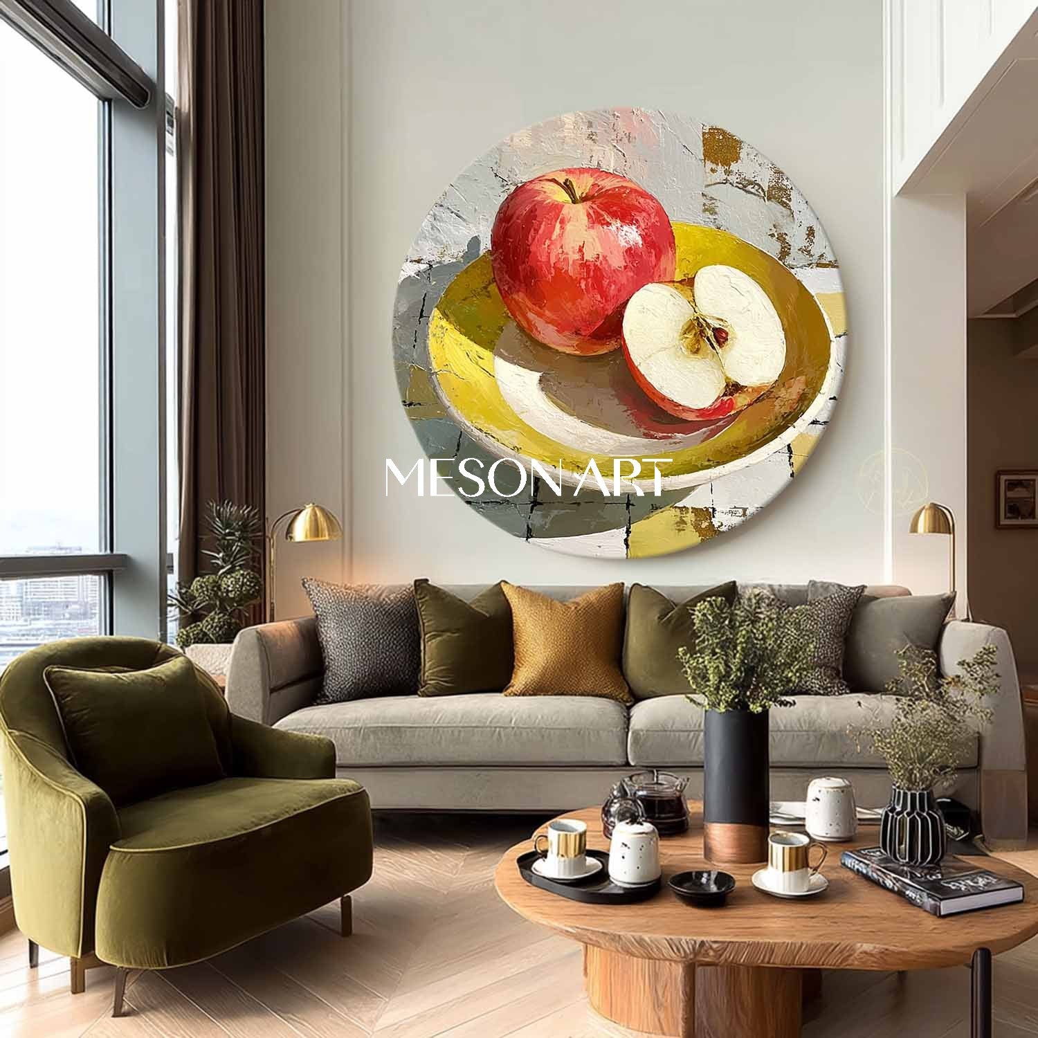 Round Canvas Printing – Apple Still Life Painting in Yellow Bowl