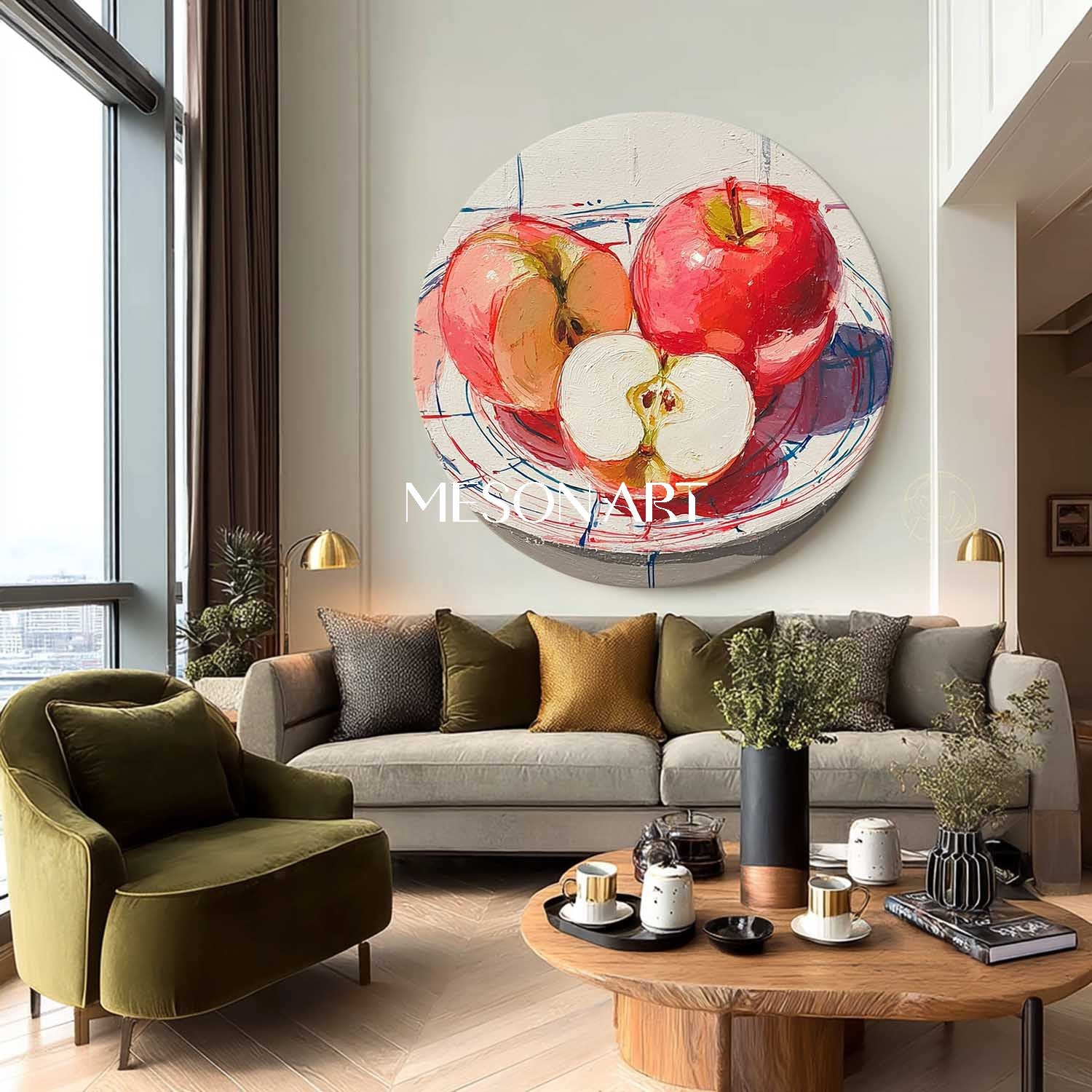 Vibrant Red Apple Still Life – Modern Kitchen Round Oil Painting Wall Art