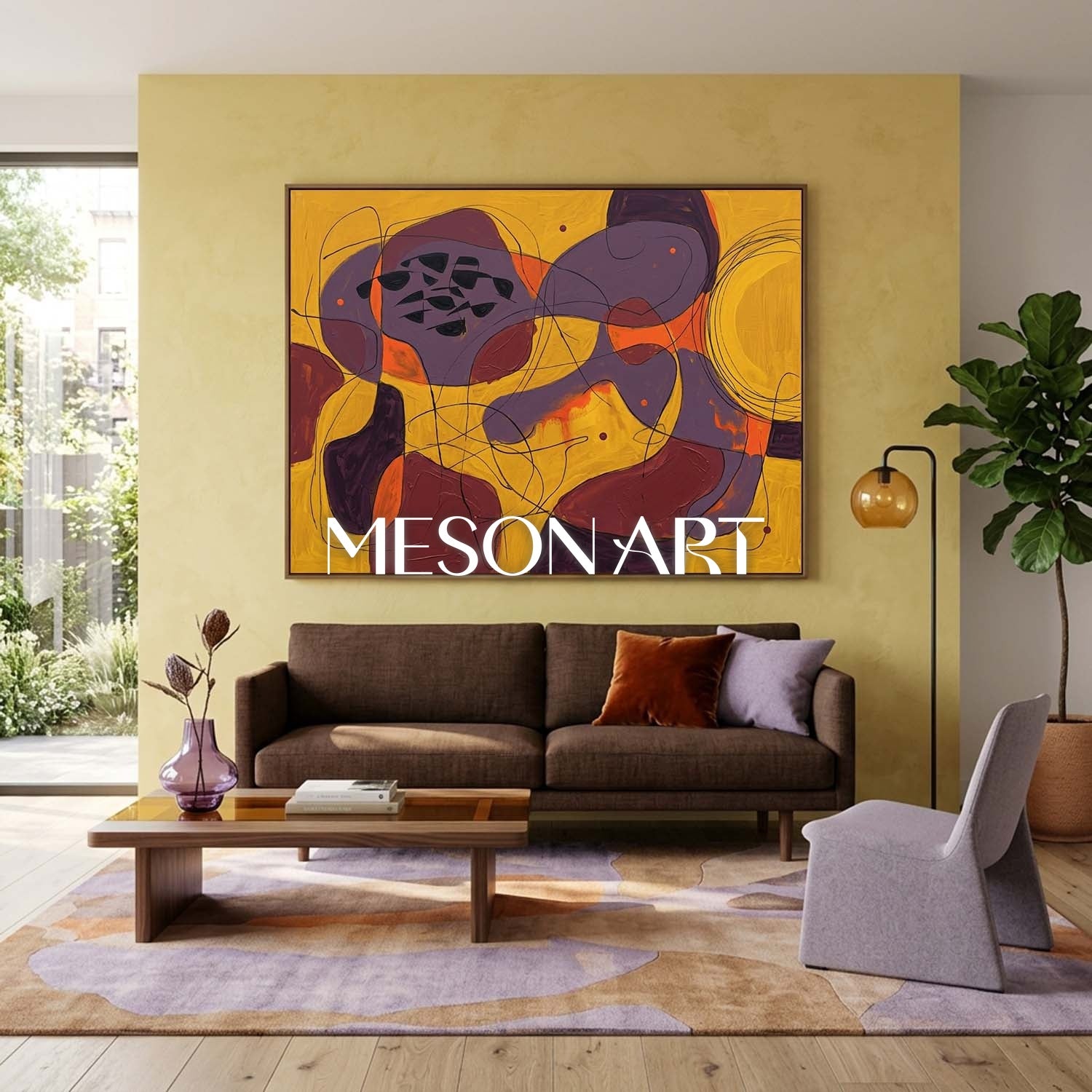 Contemporary Abstract Painting With Purple And Yellow For Modern Living Room Decor