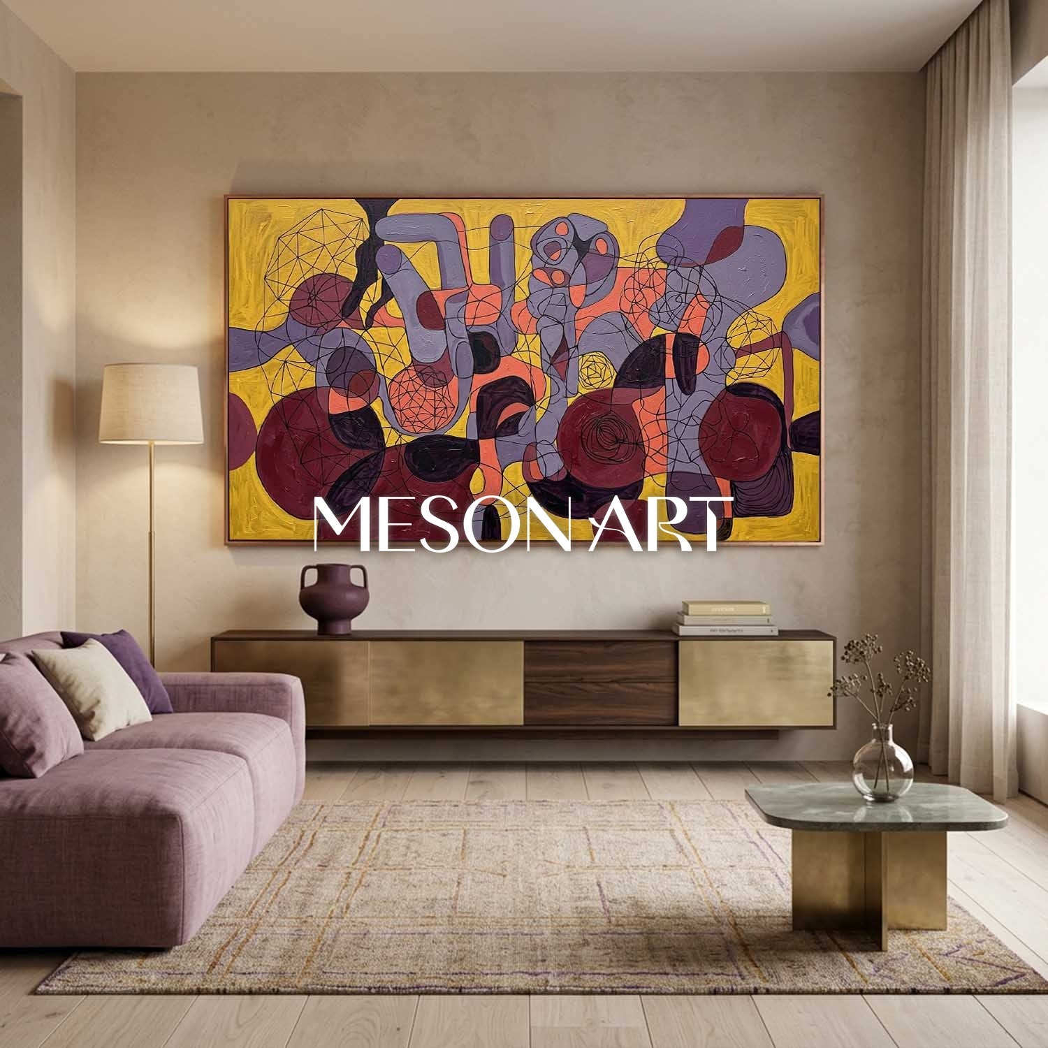 Contemporary Abstract Painting With Yellow And Purple Geometric Forms For Modern Living Room Decor