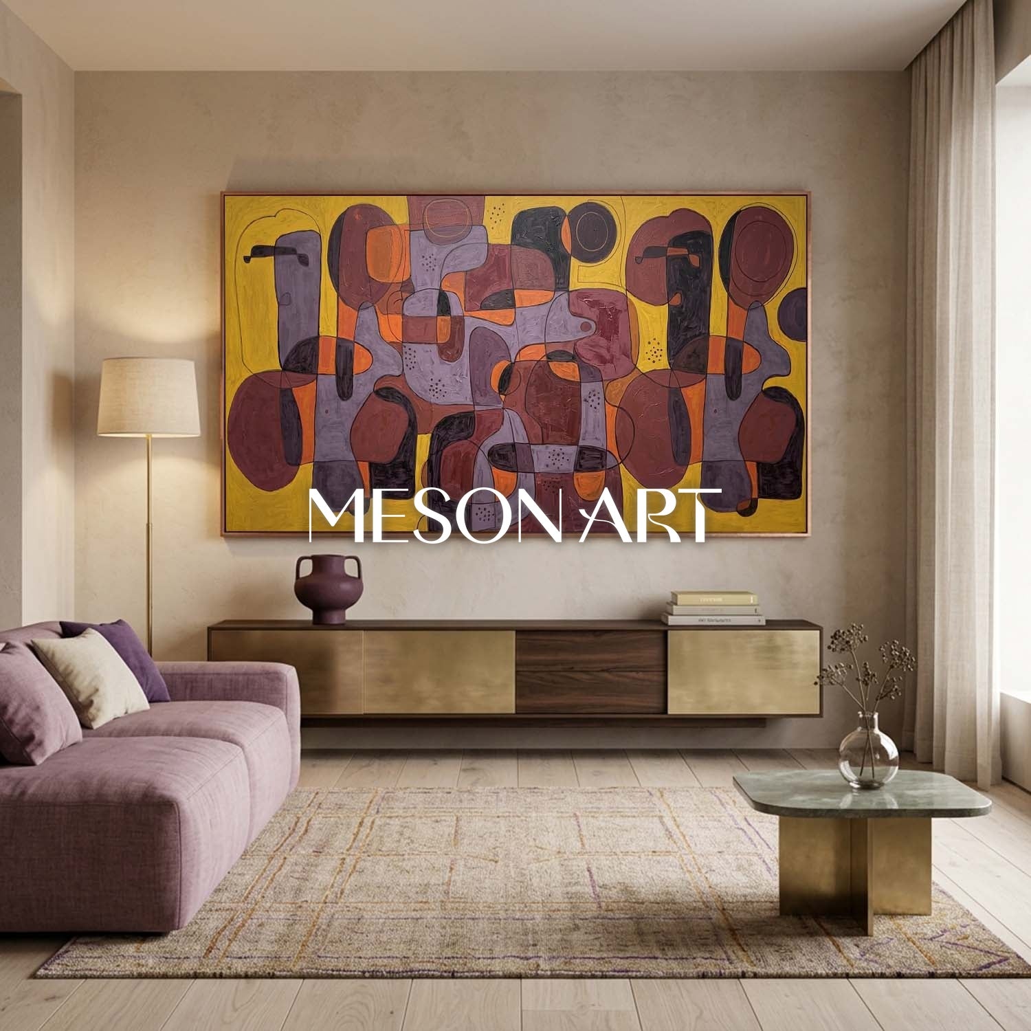Contemporary Abstract Art Painting With Amber And Burgundy Tones For Modern Living Room Decor