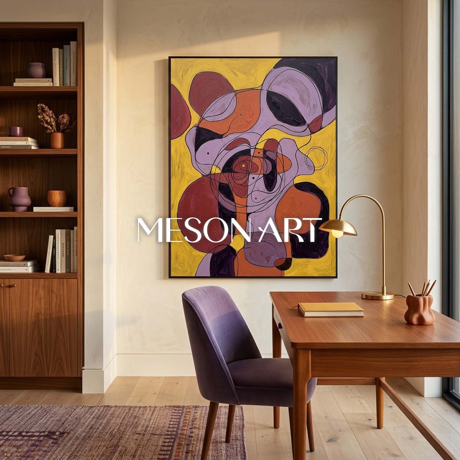 Contemporary Abstract Painting With Vibrant Yellow And Purple Hues For Modern Home Decor