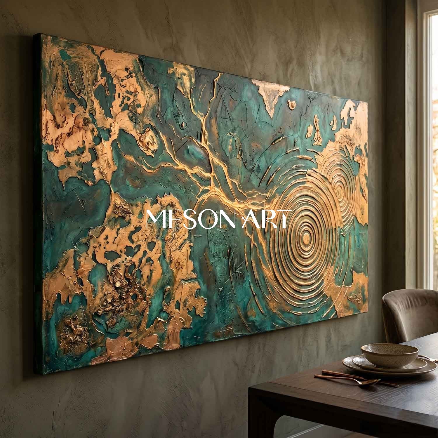 Large Green And Gold Abstract Painting With Textured Relief For Modern Living Room Decor