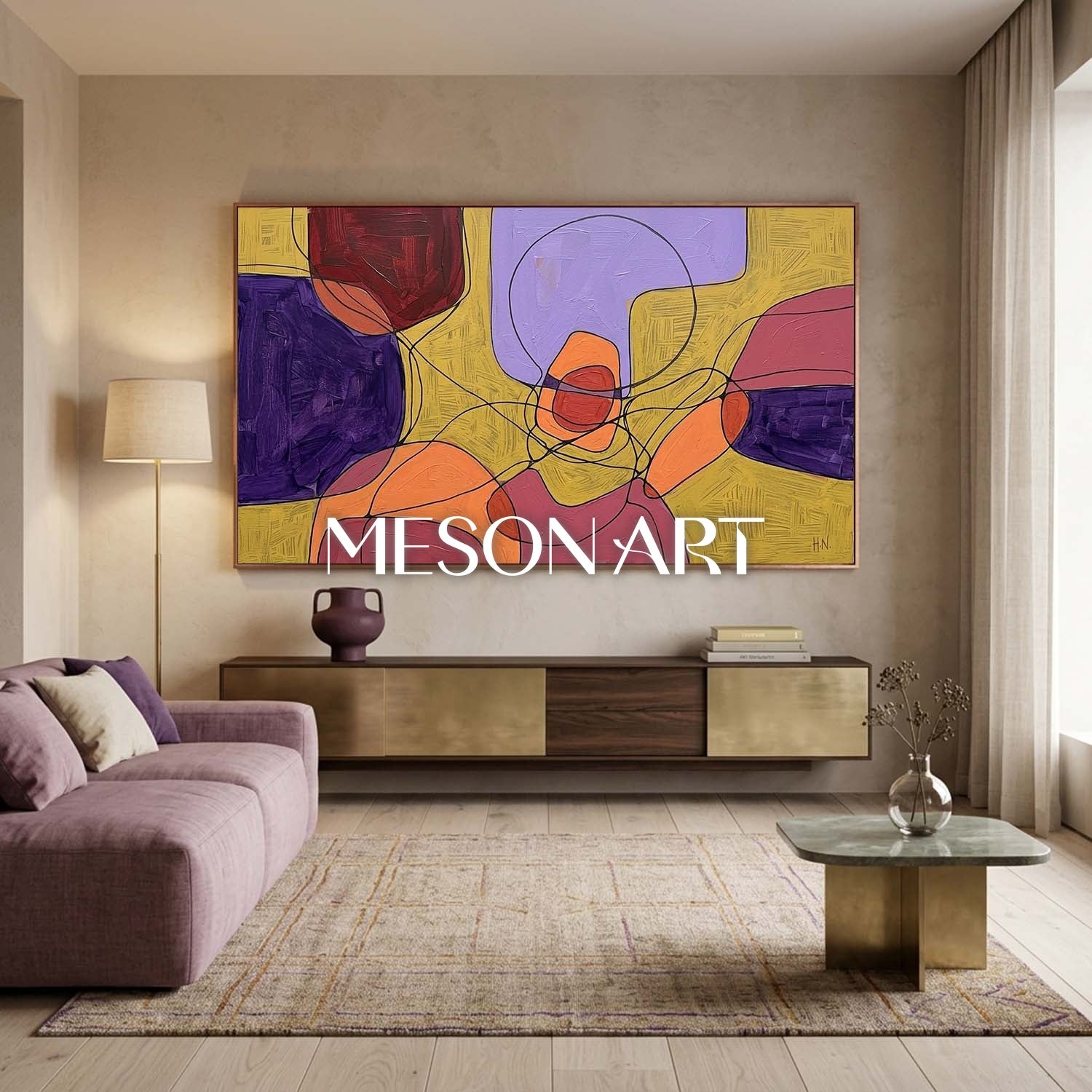 Contemporary Abstract Painting With Purple And Yellow For Modern Living Room Decor