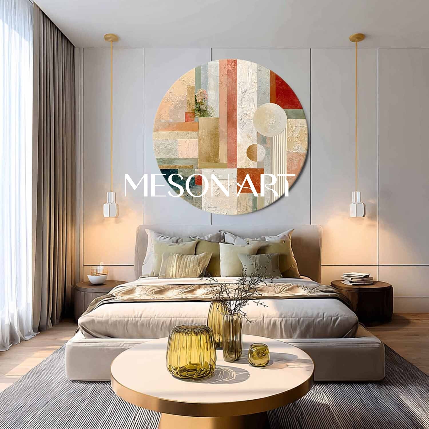 Large Round Abstract Wall Art – Neutral Beige & Gold Canvas