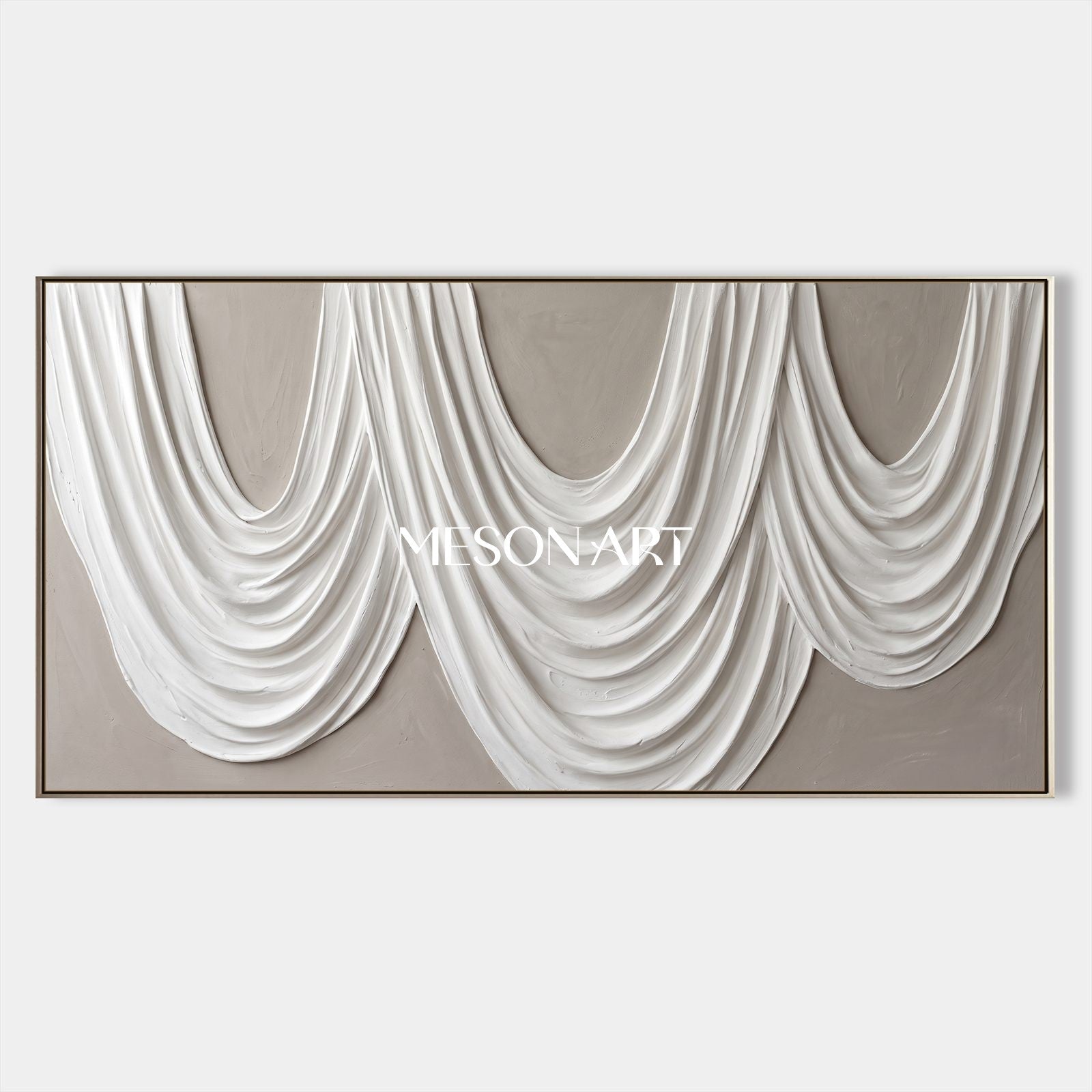 White And Gray Sculptural 3D Textured Modern Organic Wall Art Panoramic Canvas Painting By Mesonart